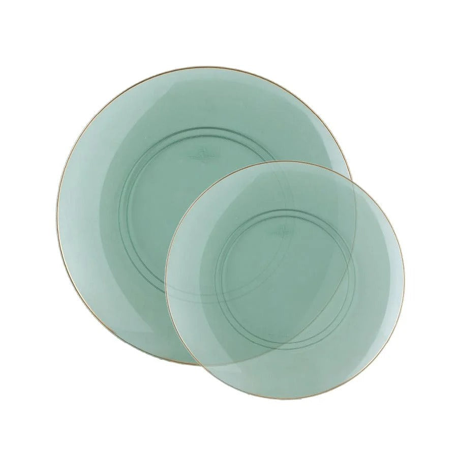 Eco-Friendly Transparent Green & Gold Rim Round Plastic Plates - 12-Pack BPA-Free Disposable Dinnerware for Parties, Picnics & Outdoor Events