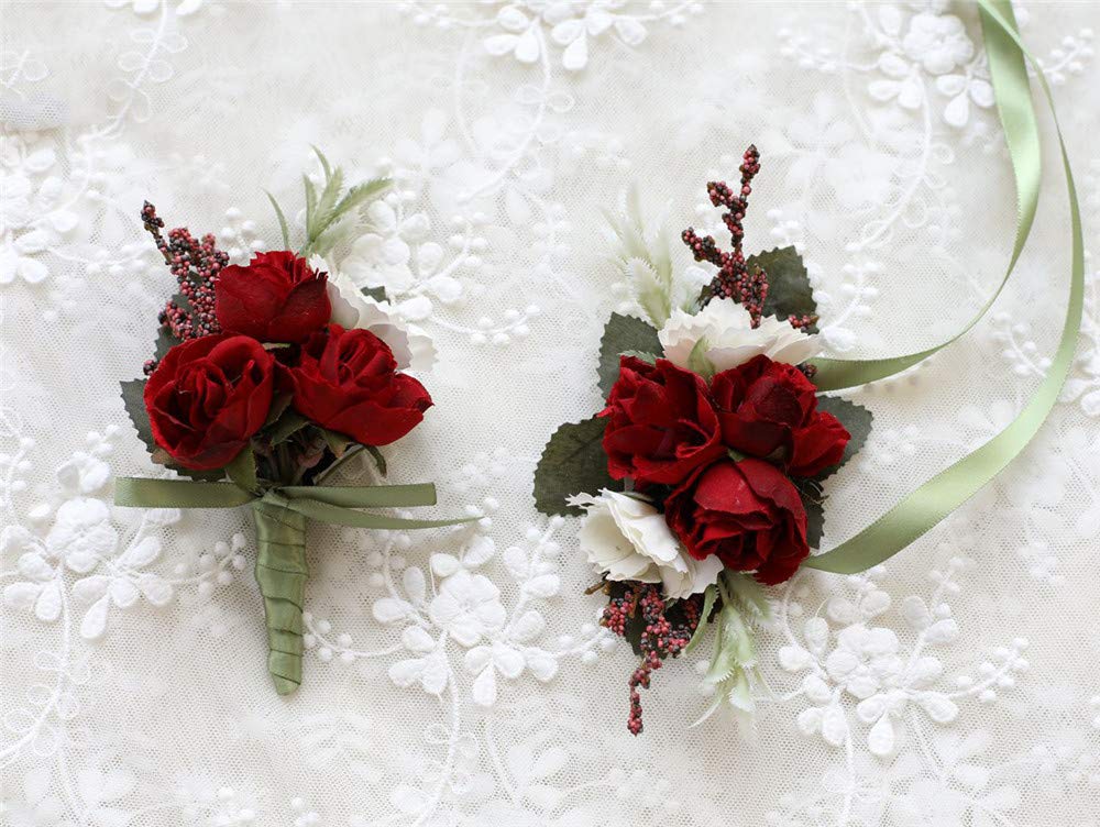 Artificial Rose Wedding Corsage & Boutonniere Set - Red Silk Flower Prom Party Suit Decoration for Bridesmaids, Groomsmen, Homecoming & Formal Events