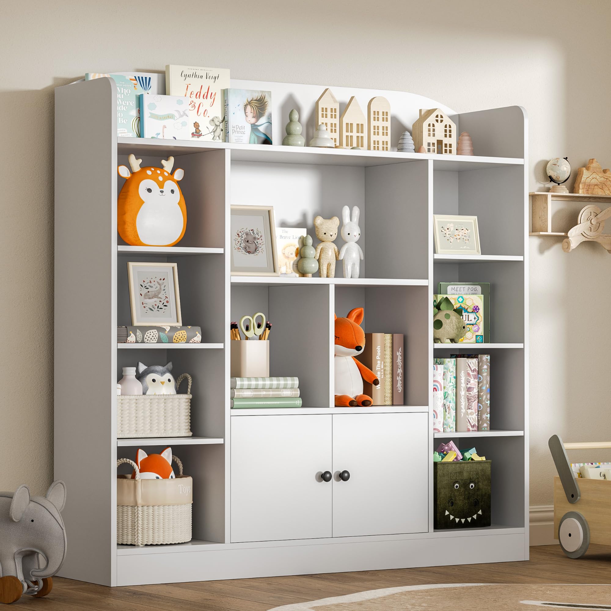 White Kids Bookshelf with 11 Cubbies & 2 Cabinets - Sturdy Freestanding Book Storage Organizer for Bedroom, Playroom, Nursery & Hallway - Perfect for Storytime, Toy Storage & Kids Room Decor