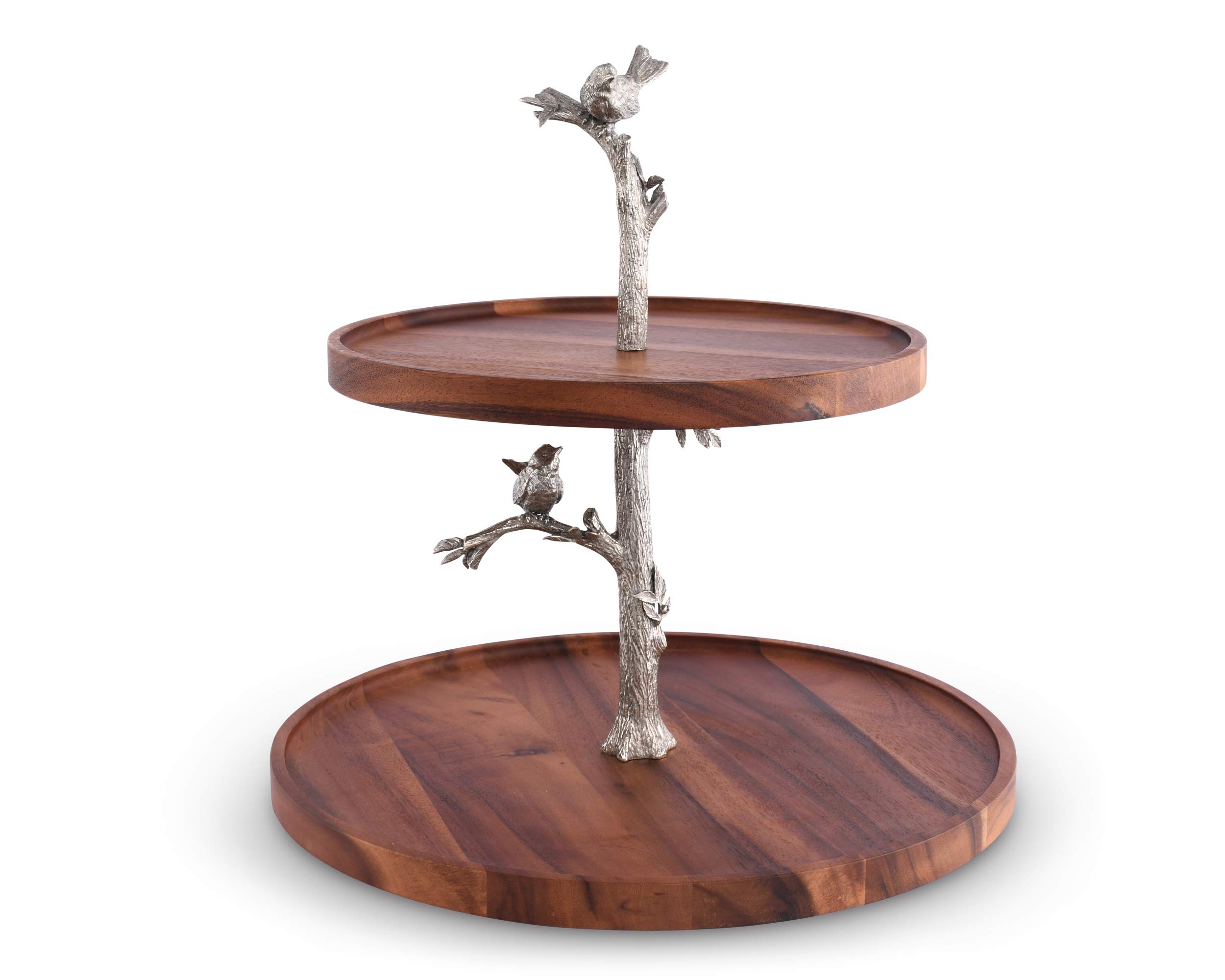 Vagabond House Pewter Song Bird Two-Tier Acacia Wood Serving Stand for Cheese, Desserts & Cupcakes - 18