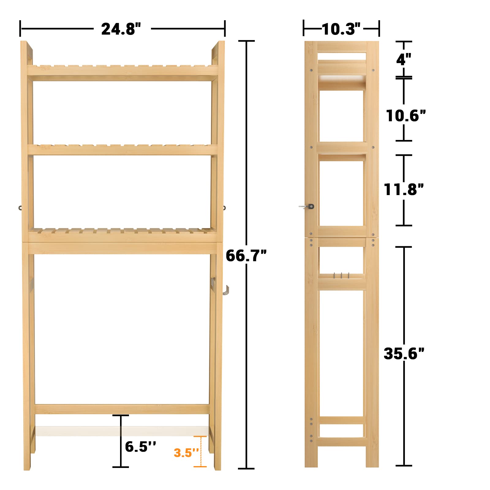 Homykic 3-Tier Over The Toilet Storage Shelf - Bamboo Bathroom Organizer with 3 Hooks, Freestanding Space-Saving Rack for Small Bathrooms, Laundry Rooms & Restrooms - Easy Assembly, Natural Finish - Perfect for Organizing Towels, Toiletries & Cleaning Supplies