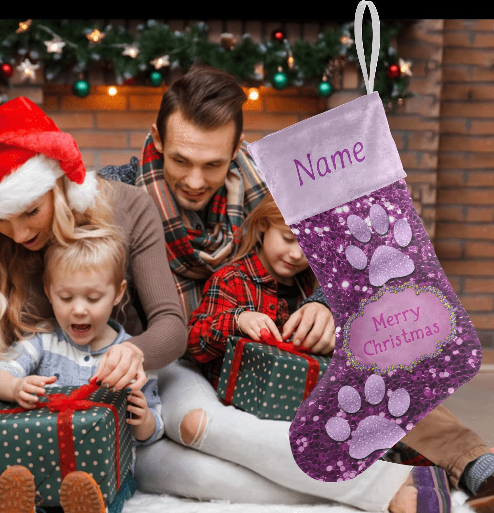 Personalized Christmas Stockings with Name - Purple Paw Bling Print Holiday Decor for Family, Pets & Home (17.52 x 7.87 Inch) - Perfect for Fireplace Mantel, Xmas Tree Decorations & Gift Exchange Parties