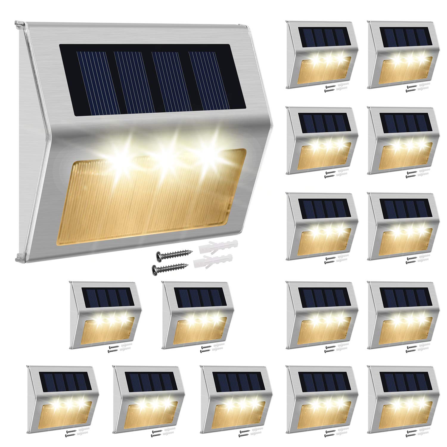 16 Pack Solar Step Lights Outdoor Waterproof - JACKYLED 3 LED Solar Fence Post Lights for Deck, Railing, Wall, Pool, Patio, Walkway & Pathway - Warm White Lighting for Nighttime Safety & Ambiance