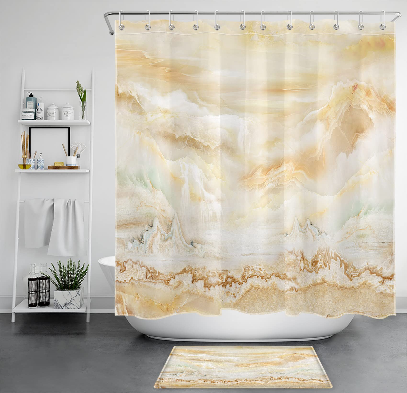 HVEST Marble Shower Curtain - Yellow Water Ripple Design, Waterproof Polyester Fabric Bathroom Decor with Hooks (72x72 Inches) for Modern, Spa & Luxury Bathrooms