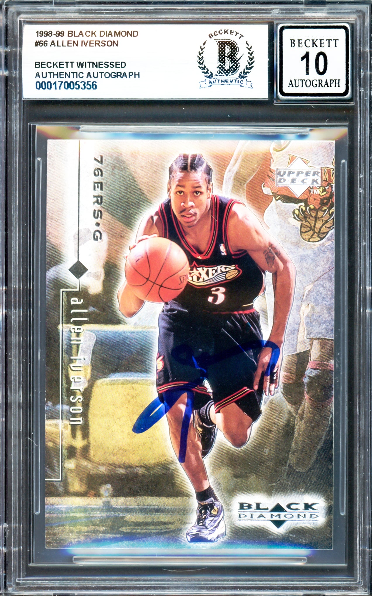 Allen Iverson Autographed 1998-99 Black Diamond #66 Basketball Card - Philadelphia 76ers - Beckett BAS Gem Mint 10 - Perfect for NBA Memorabilia Collections & Sports Fan Gifts