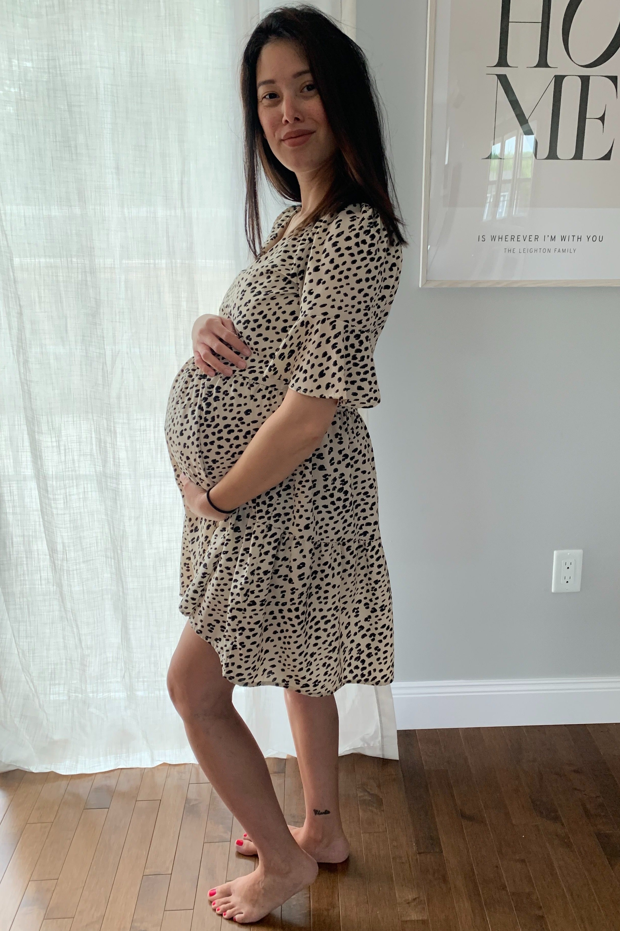 Beige Animal Print Ruffle Sleeve Maternity Dress for Pregnancy Photo Shoot & Baby Shower - Comfortable Stretchy Nursing Dress for Expecting Mothers