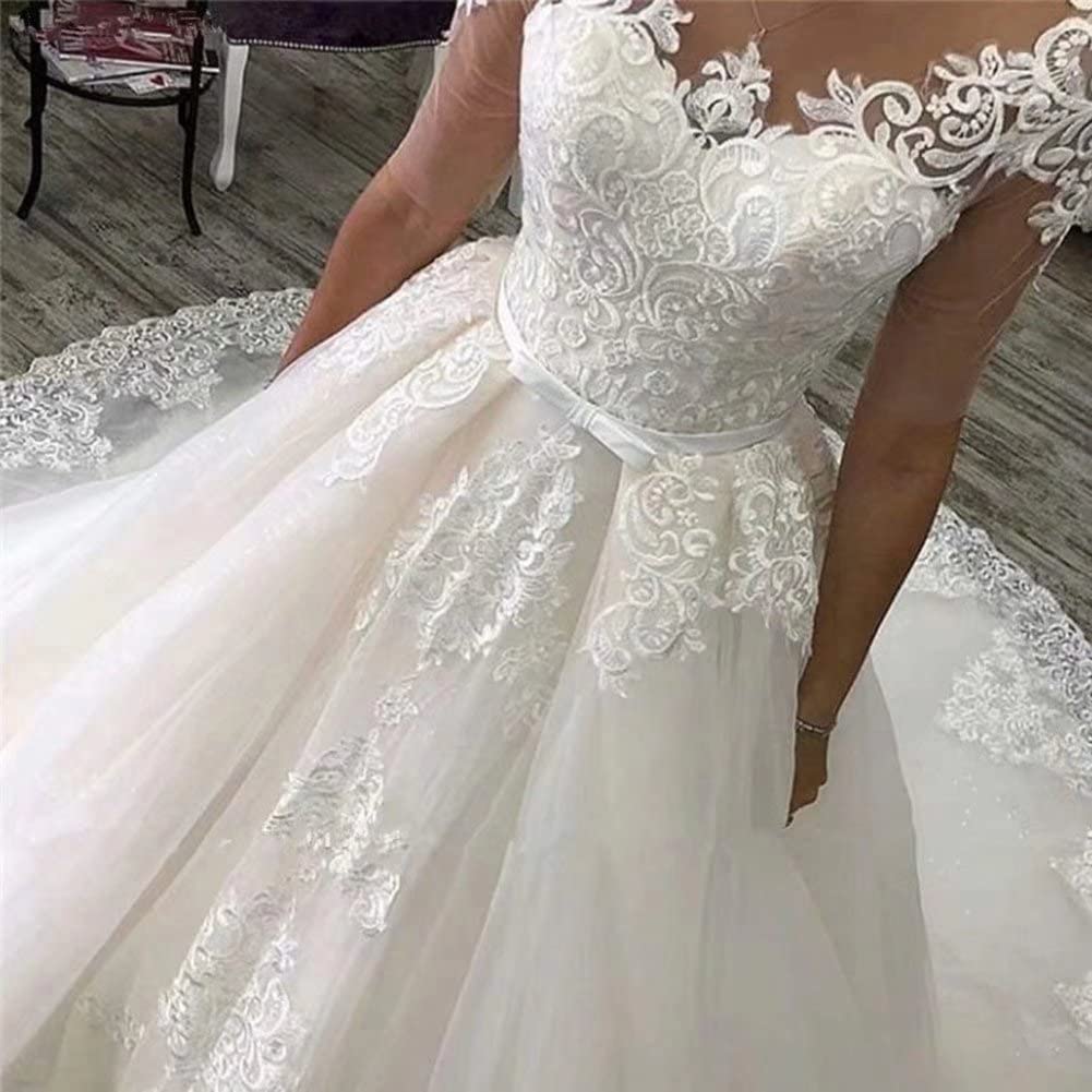 Elegant TRHTX Women's Scoop Neck Lace Wedding Dress with Train & 3/4 Sleeves - Romantic Ball Gown for Bride, Bridal Shower, Vow Renewal & Formal Occasions