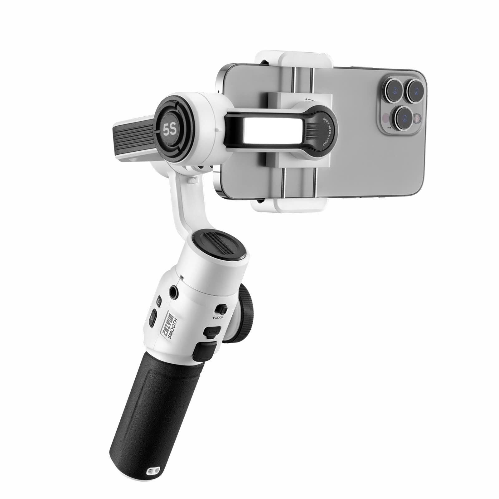 ZHIYUN Smooth 5S White Smartphone Gimbal Stabilizer for iPhone 14/13/12/11/SE & Samsung Android - 3-Axis Handheld Stabilizer with Mini LED Light for YouTube TikTok Vlogging, Live Streaming & Travel Videography