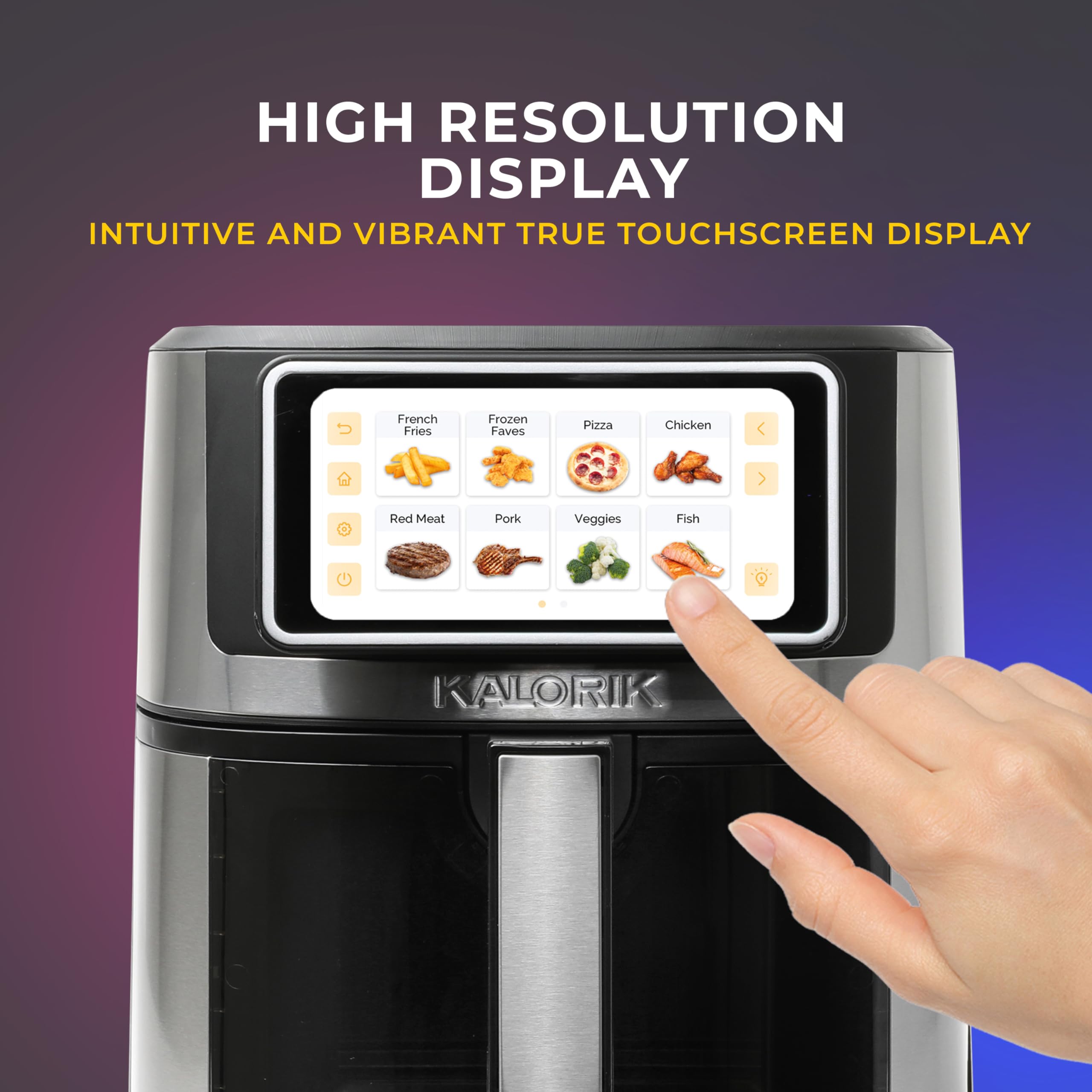 Kalorik VIVID TOUCH 5QT Air Fryer with Digital Touchscreen - 12 Food Presets, View Window & 1500W Power - Stainless Steel Countertop Oven for Healthy Frying, Baking & Roasting - Perfect for Family Meals & Party Snacks