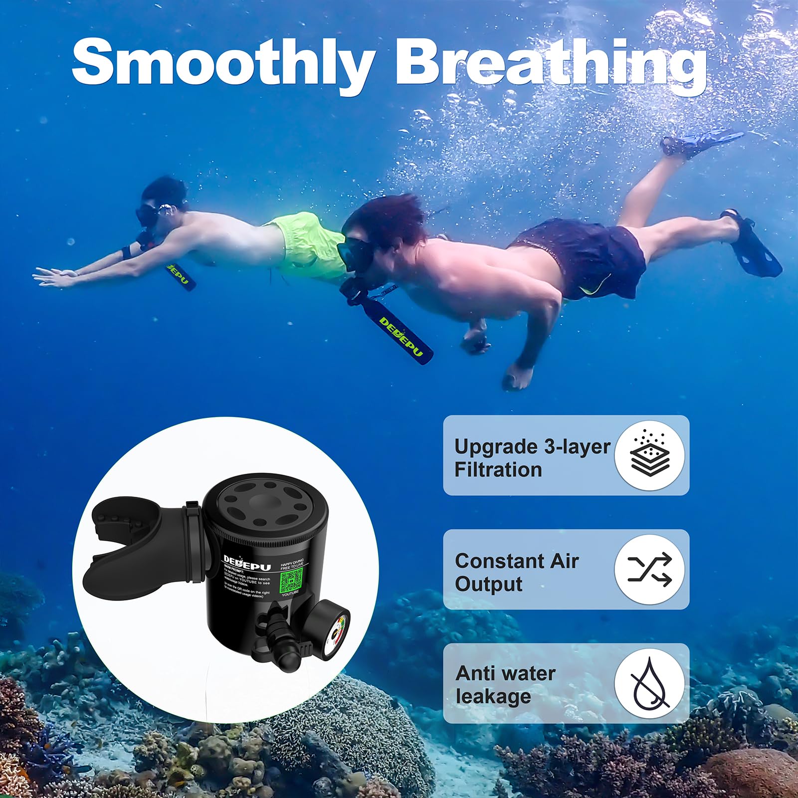 DEDEPU 0.5L Mini Scuba Tank - Portable Underwater Breathing Device with 3000 PSI Max Pressure | 10 Minute Dive Time | Emergency Rescue Pony Bottle for Snorkeling, Scuba Diving & Emergency Oxygen Supply