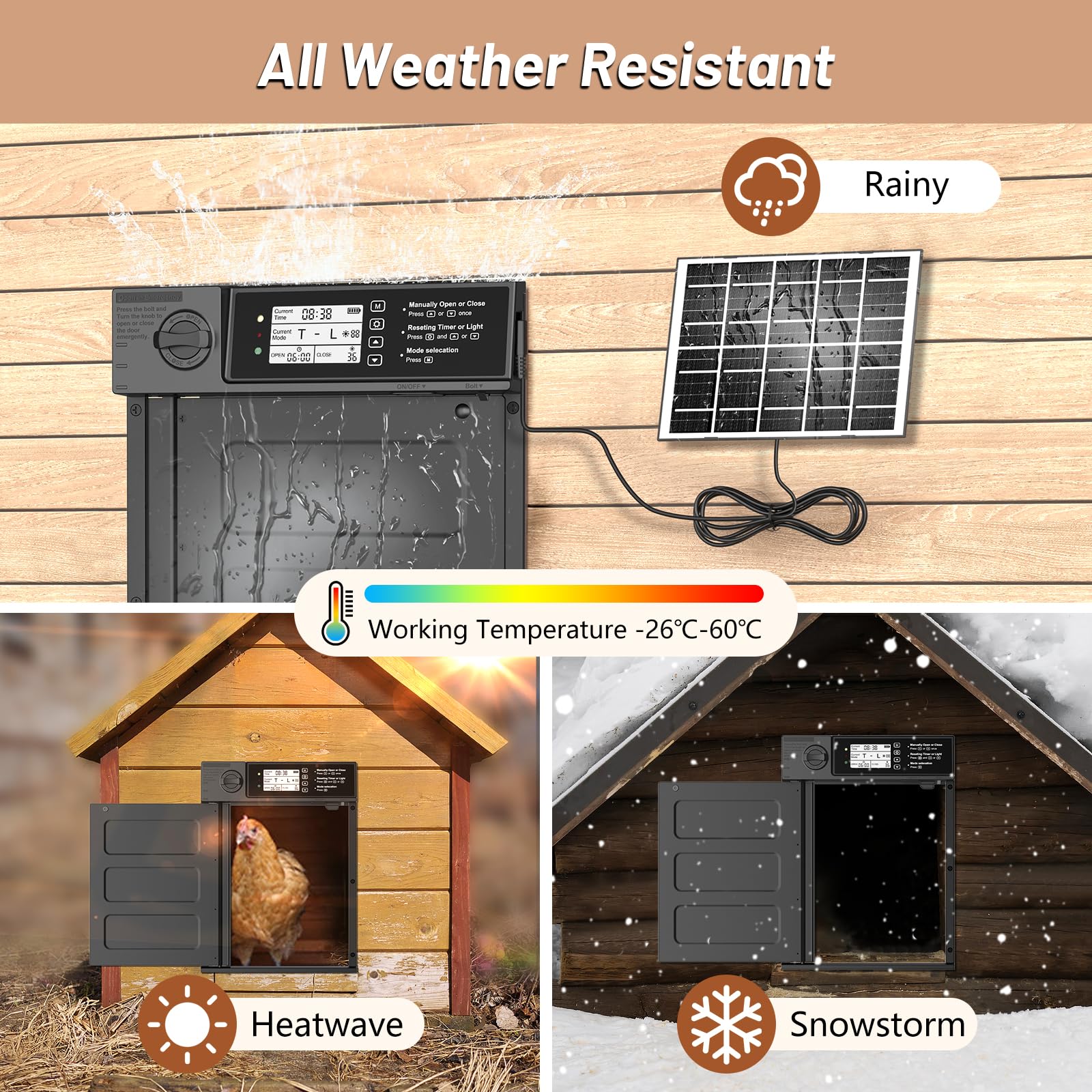 Solar Powered Automatic Chicken Coop Door with Timer & Light Sensor - Smart Poultry Door Opener with Obstacle Detection & Remote Control for Safe Chicken Keeping | Ideal for Backyard Farms, Homesteads & Poultry Enclosures (Black)