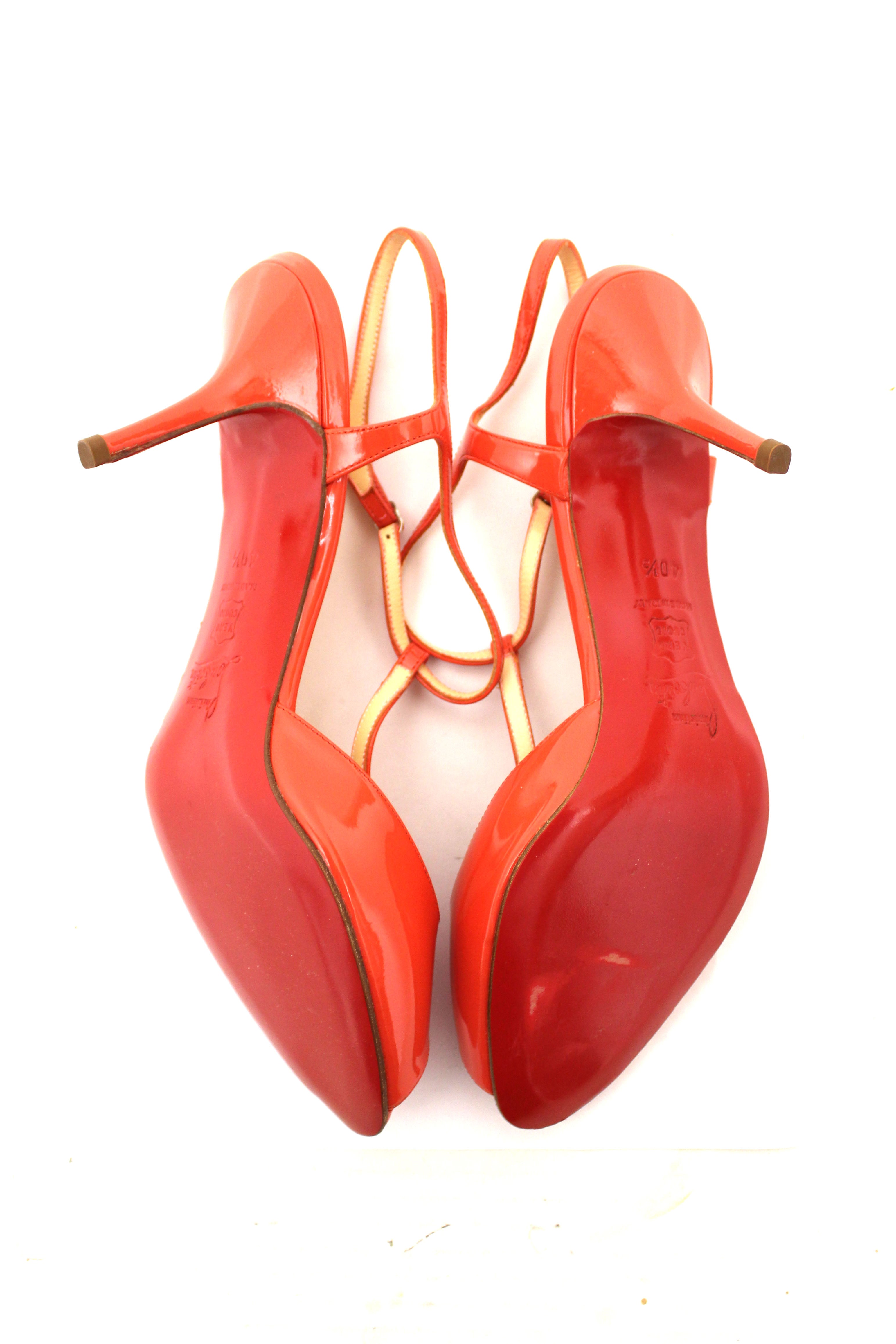 Authentic Christian Louboutin Coral Patent Leather T-Strap Pump Heels - Size 40.5 - Perfect for Weddings, Parties & Special Occasions