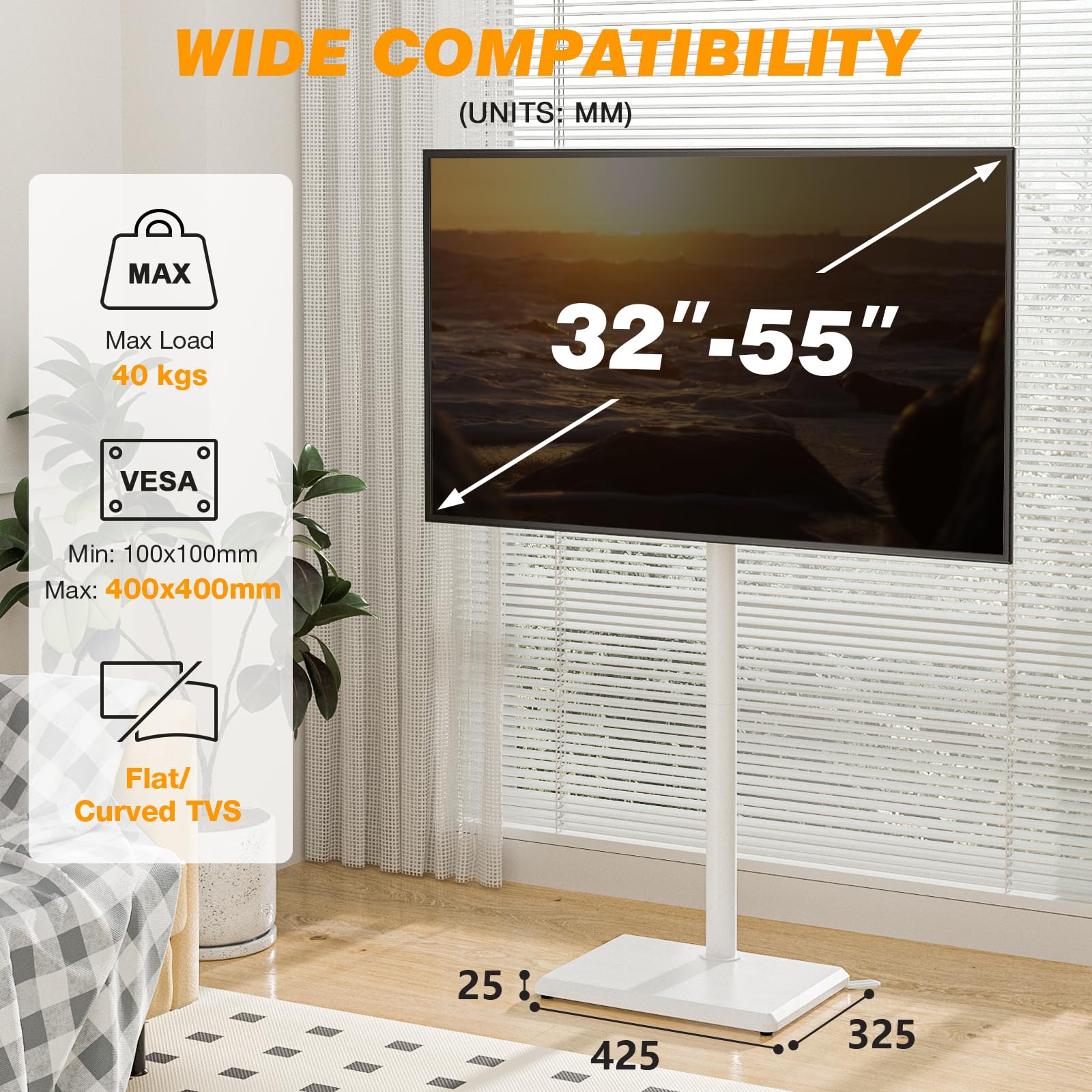 Adjustable TV Floor Stand for 32-55 Inch TVs - Tall Corner TV Stand with Swivel & Height Adjustment, Max VESA 400x400mm, Supports up to 40kg - Perfect for Living Rooms, Bedrooms & Home Theaters