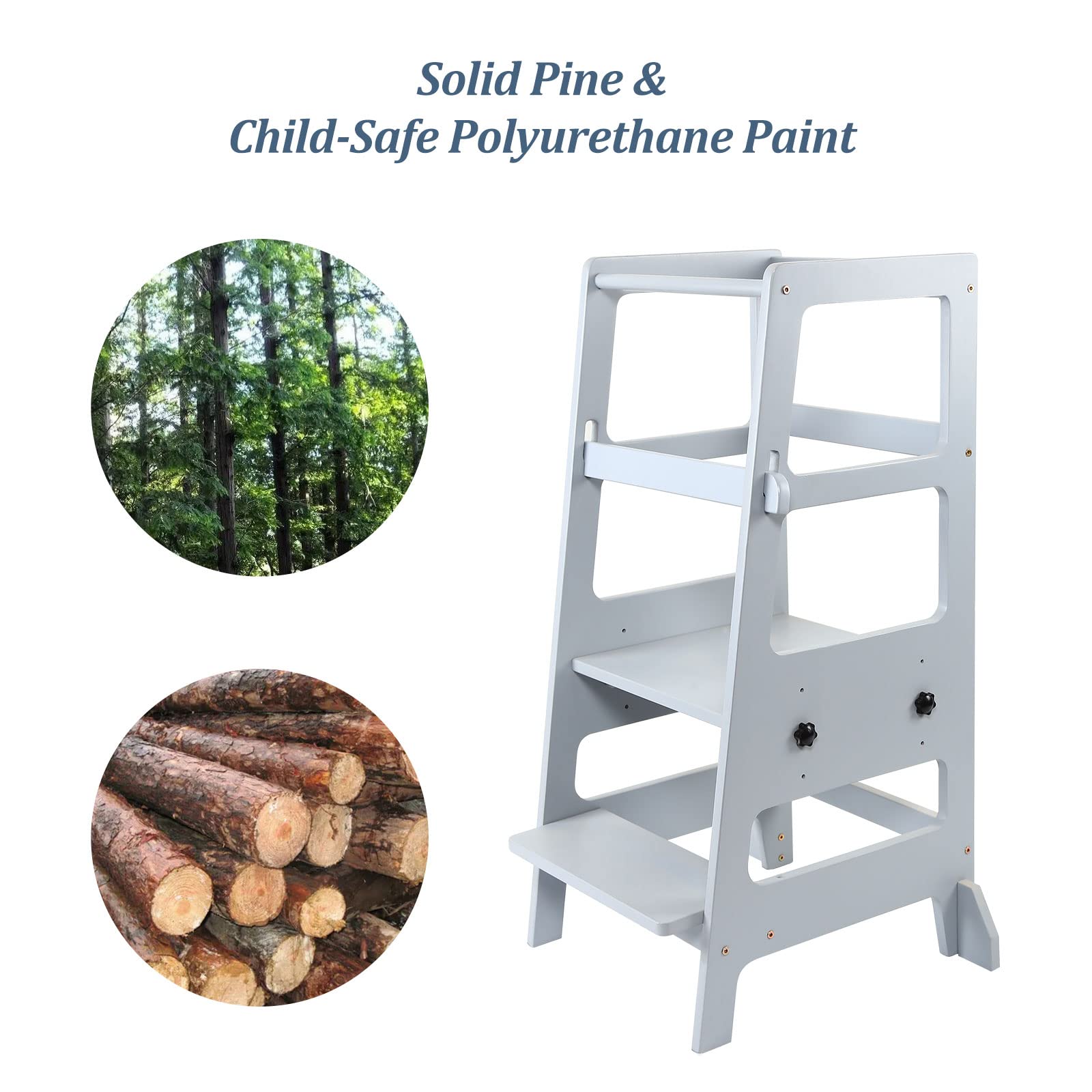 Adjustable Height Wooden Toddler Step Stool - Kids Kitchen Helper Learning Tower for Safe Standing & Cooking - Natural Wood Finish - Perfect for Baking, Washing Hands & Reaching Countertops