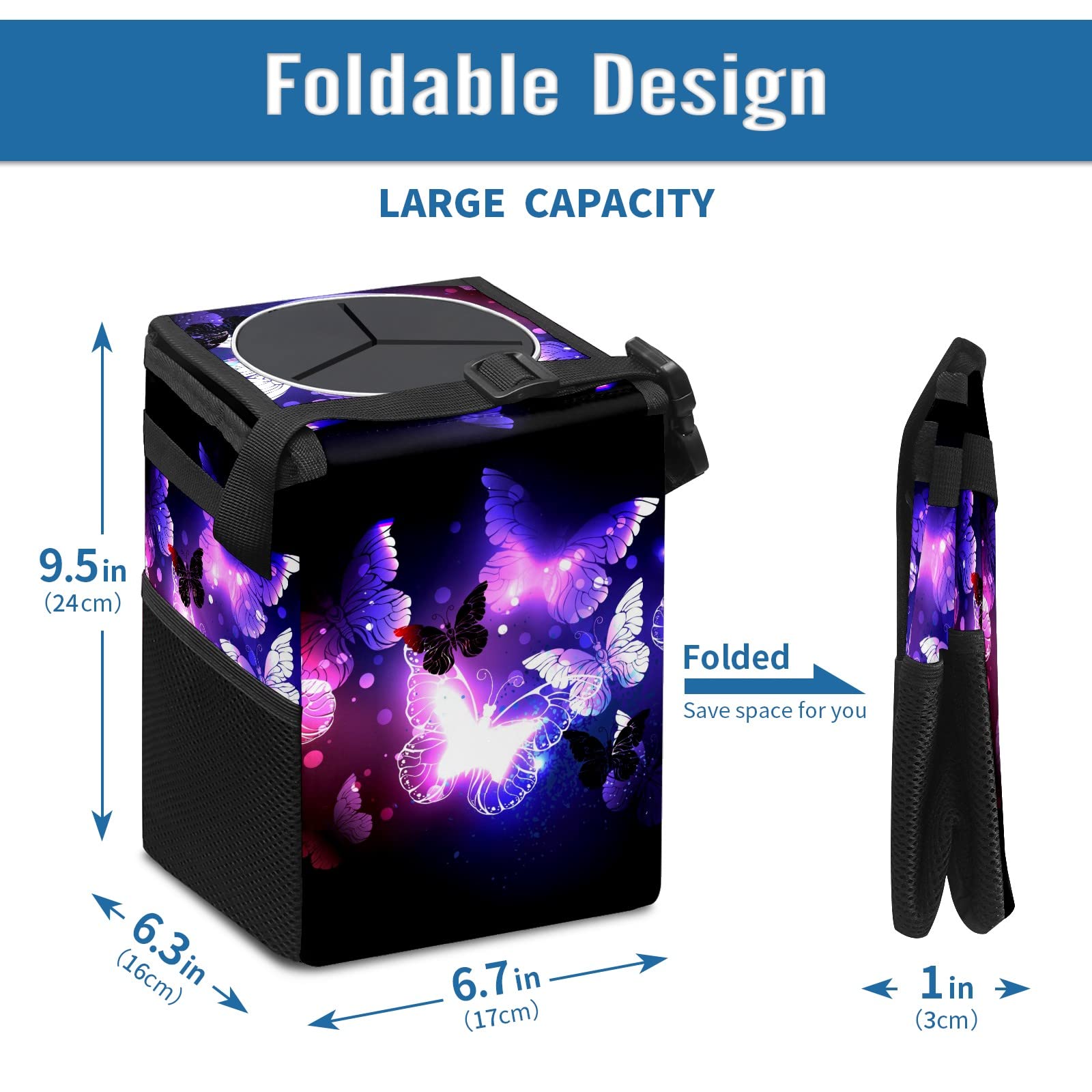 Purple Butterfly Car Trash Can with Lid - Collapsible Reusable Waterproof Auto Garbage Bin for Car, Truck & SUV | Car Accessories & Interior Organizer | Perfect for Road Trips, Commuting & Keeping Vehicle Clean