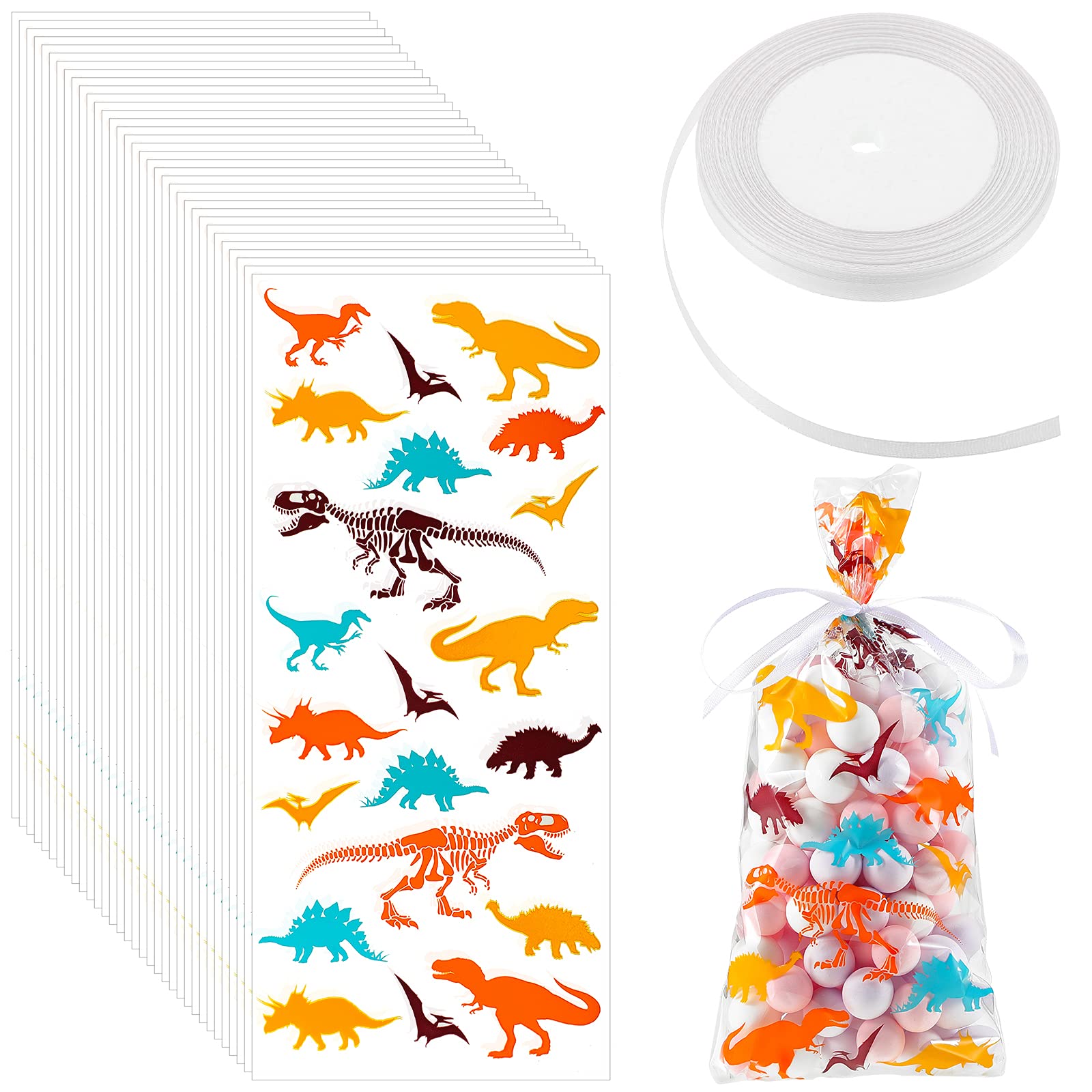 100-Pack Clear Dinosaur Cellophane Bags with White Ribbon - Dinosaur Skeleton Party Favor Bags for Candy, Cookies, Snacks - Perfect for Birthday Parties, Baby Showers & Themed Events