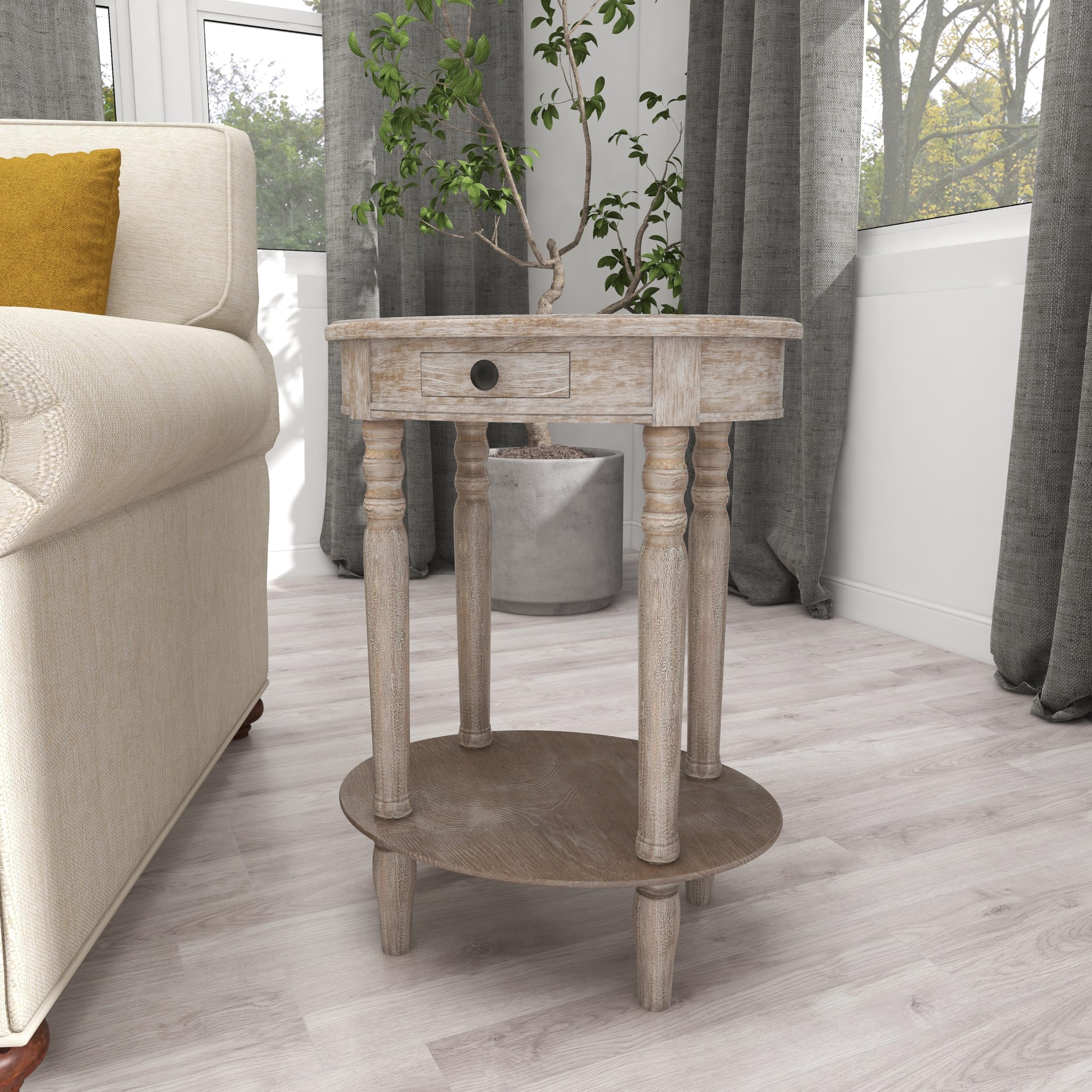 Deco 79 Whitewashed Light Brown Oval Wood Side End Table with 1 Drawer & Shelf, Turned Legs - 20