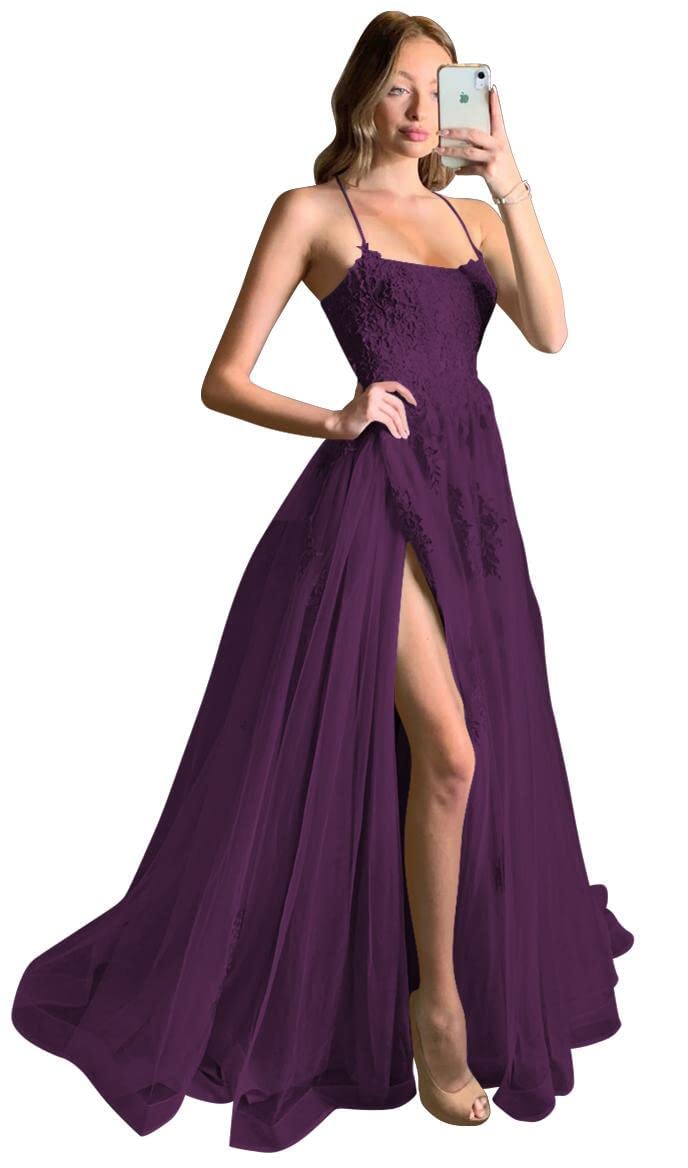 Elegant Tulle Spaghetti Straps Prom Dresses for Women - Long Formal Ball Gowns with Lace Appliques for Evening Parties, Homecoming, and Special Occasions
