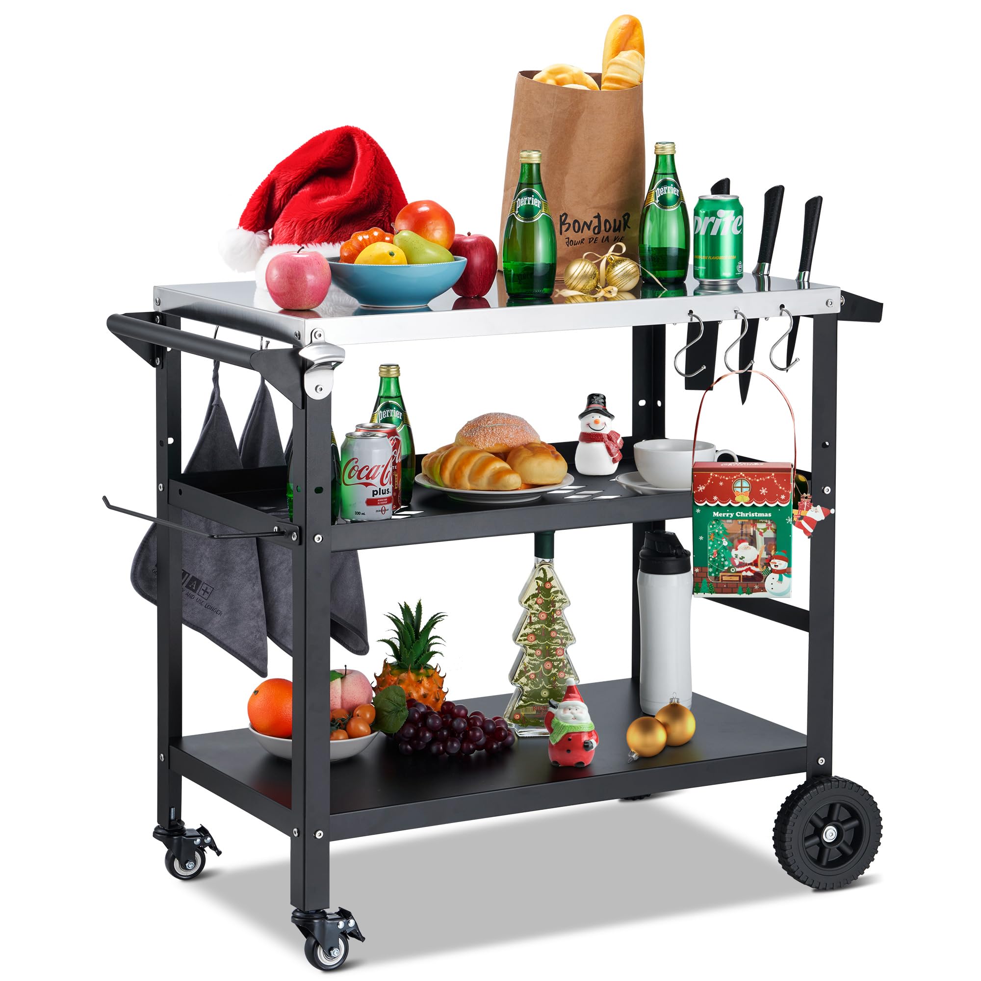 Spurgehom Outdoor Grill Cart with Wheels - Portable BBQ Cooking Prep Table with Pizza Oven Stand & Mesh Racks - Perfect for Patio Dining, Home Parties, Camping & Backyard Gatherings