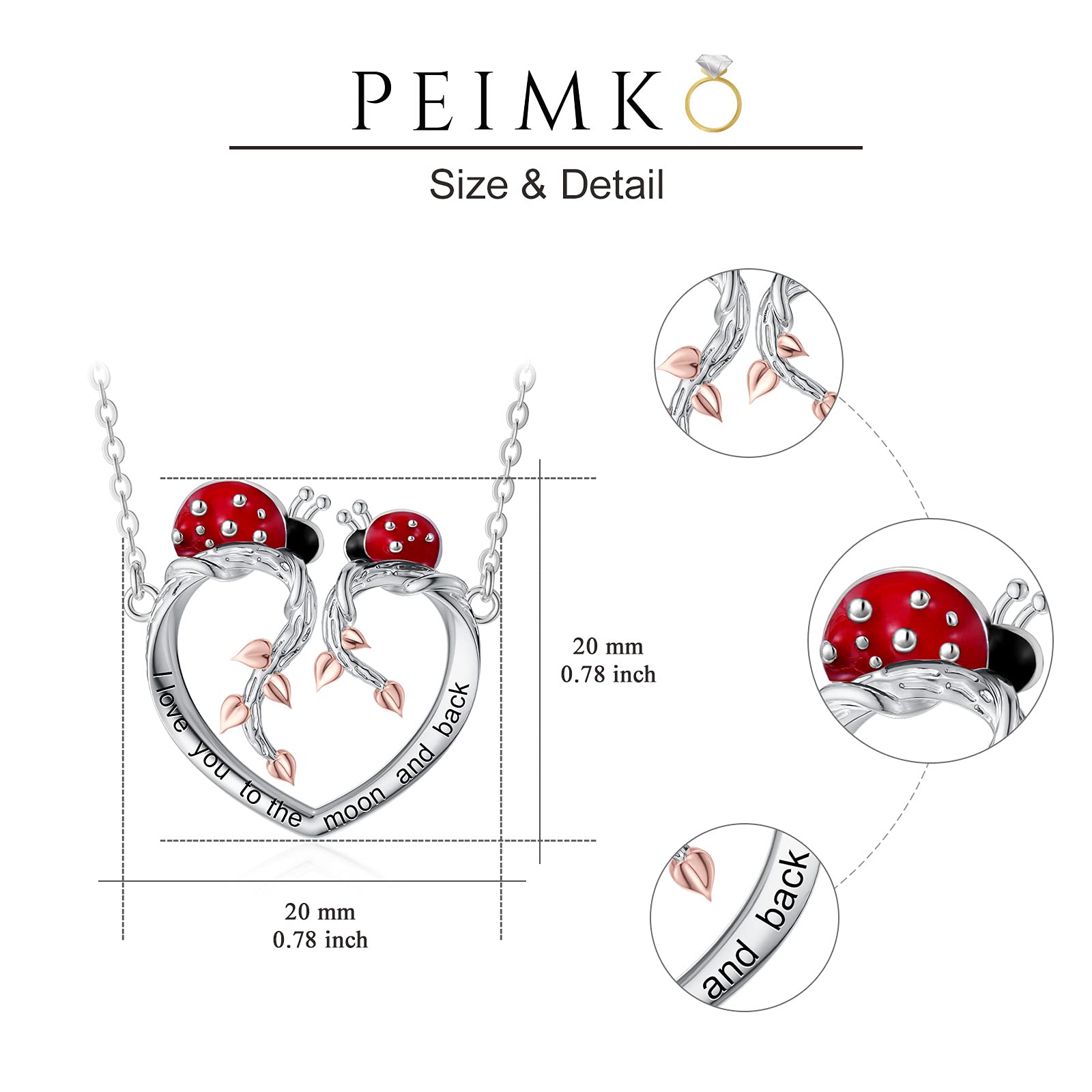 PEIMKO 925 Sterling Silver Ladybug Pendant Necklace with Tree of Life & Mushroom Charm - Elegant Women's Jewelry, Perfect Birthday Gift for Girls - Ideal for Everyday Wear, Special Occasions & Nature Lovers