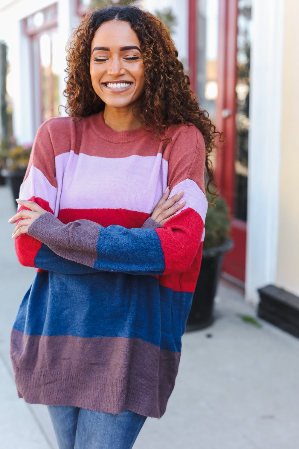 Lilac Multi Stripe Ribbed Knit Sweater Pullover for Women - Soft & Cozy Winter Fashion - Perfect for Casual Outfits, Office Wear & Date Nights