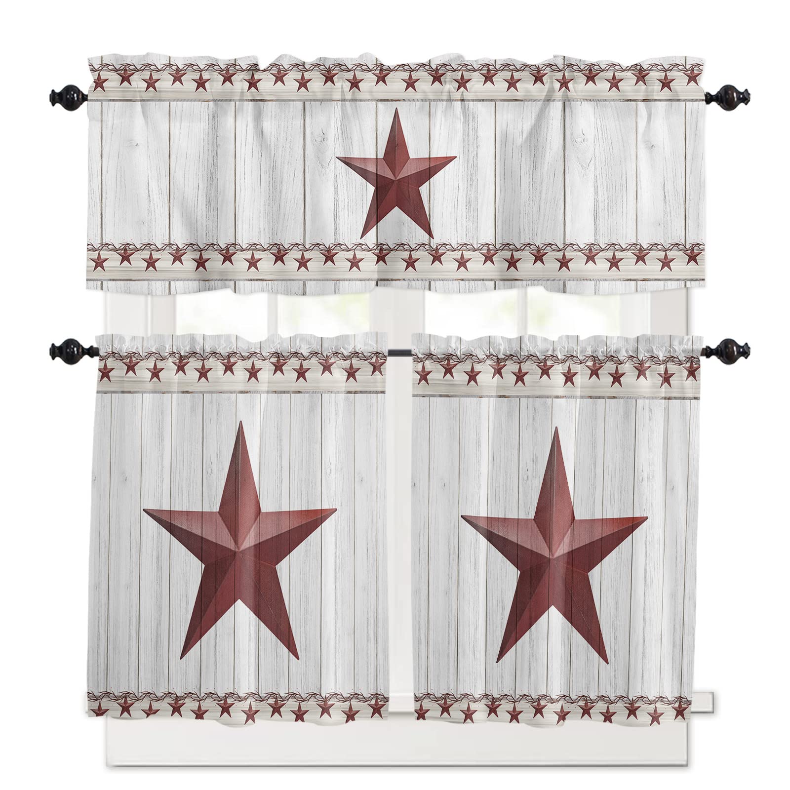 Rustic Western Texas Star Barn Kitchen Curtains Set - 24 Inch Half Window Curtains with Brown Wooden Stripes, Rod Pocket Design for Bedroom, Cafe & Bathroom - Perfect for Farmhouse, Country Style Home Decor & Window Treatment