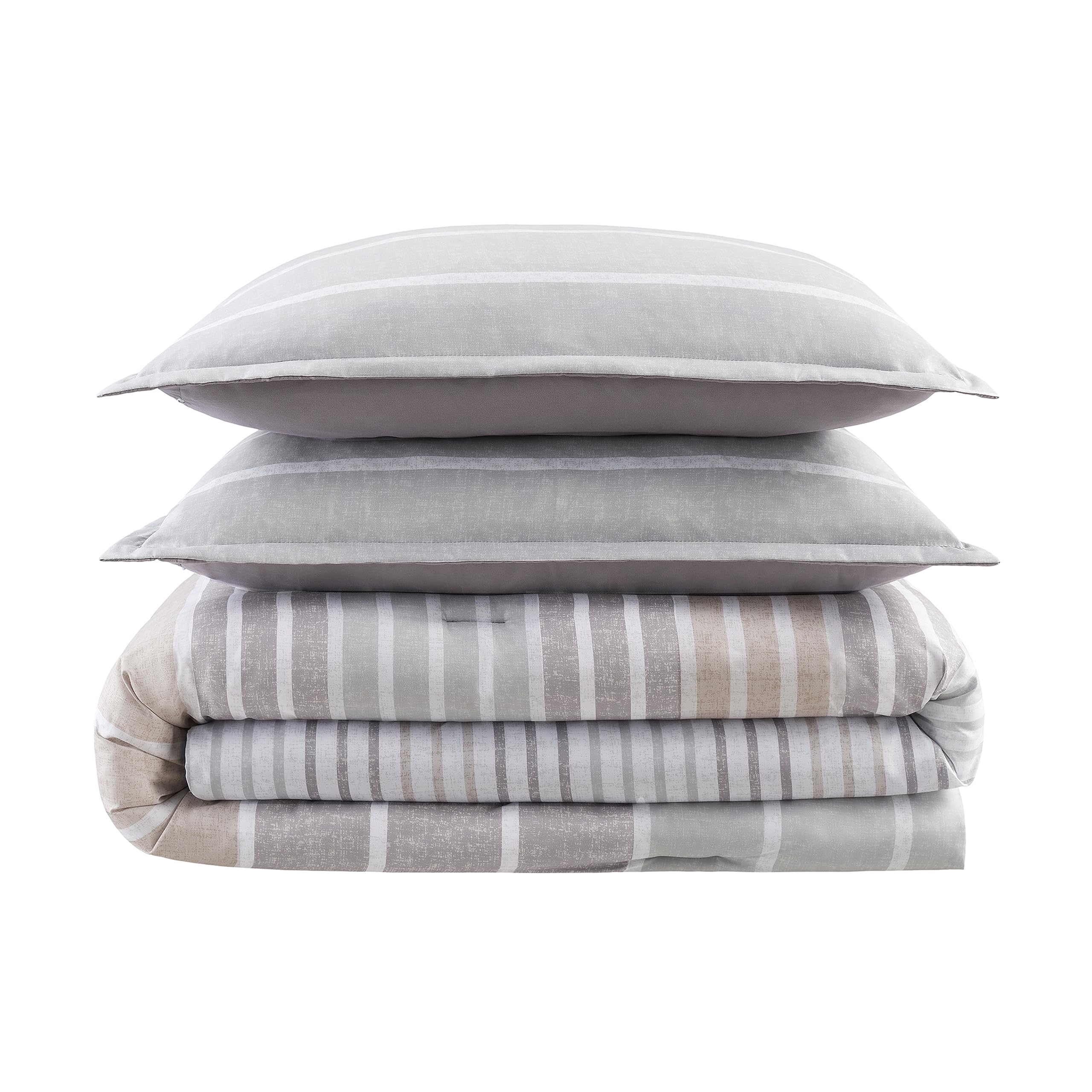 Serta Simply Clean Conrad Soft Modern Textured 3-Piece Striped Comforter Set with Pillowcases - All-Season Full/Queen Size Bedding in Natural - Perfect for Master Bedrooms, Guest Rooms & Cozy Home Decor