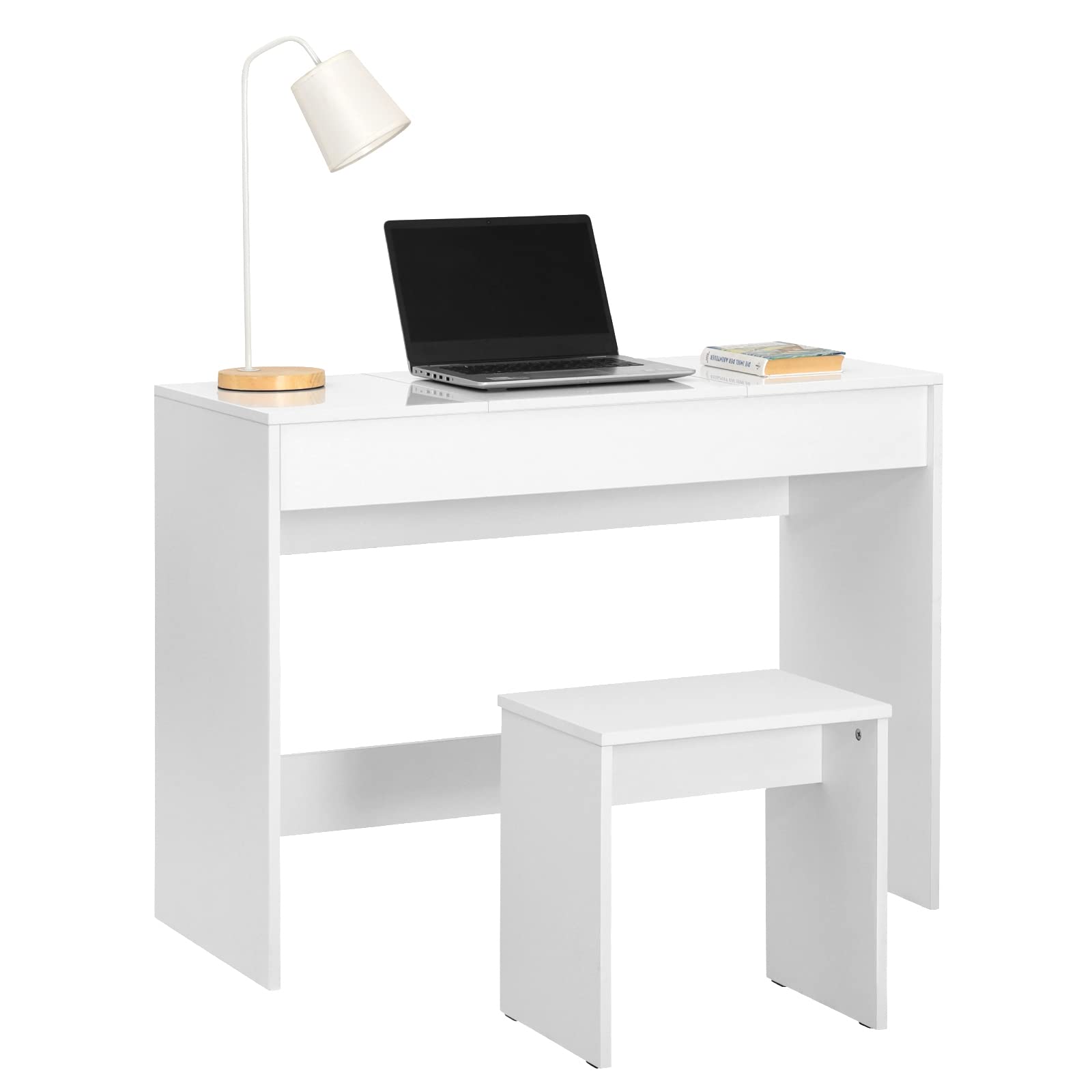 WOLTU Modern Wooden Makeup Vanity Set with Stool & Foldable Mirror, High Gloss White Dressing Table for Bedroom (100x45x76cm) - Perfect for Beauty Routine, Cosmetics Organization & Small Space Decor