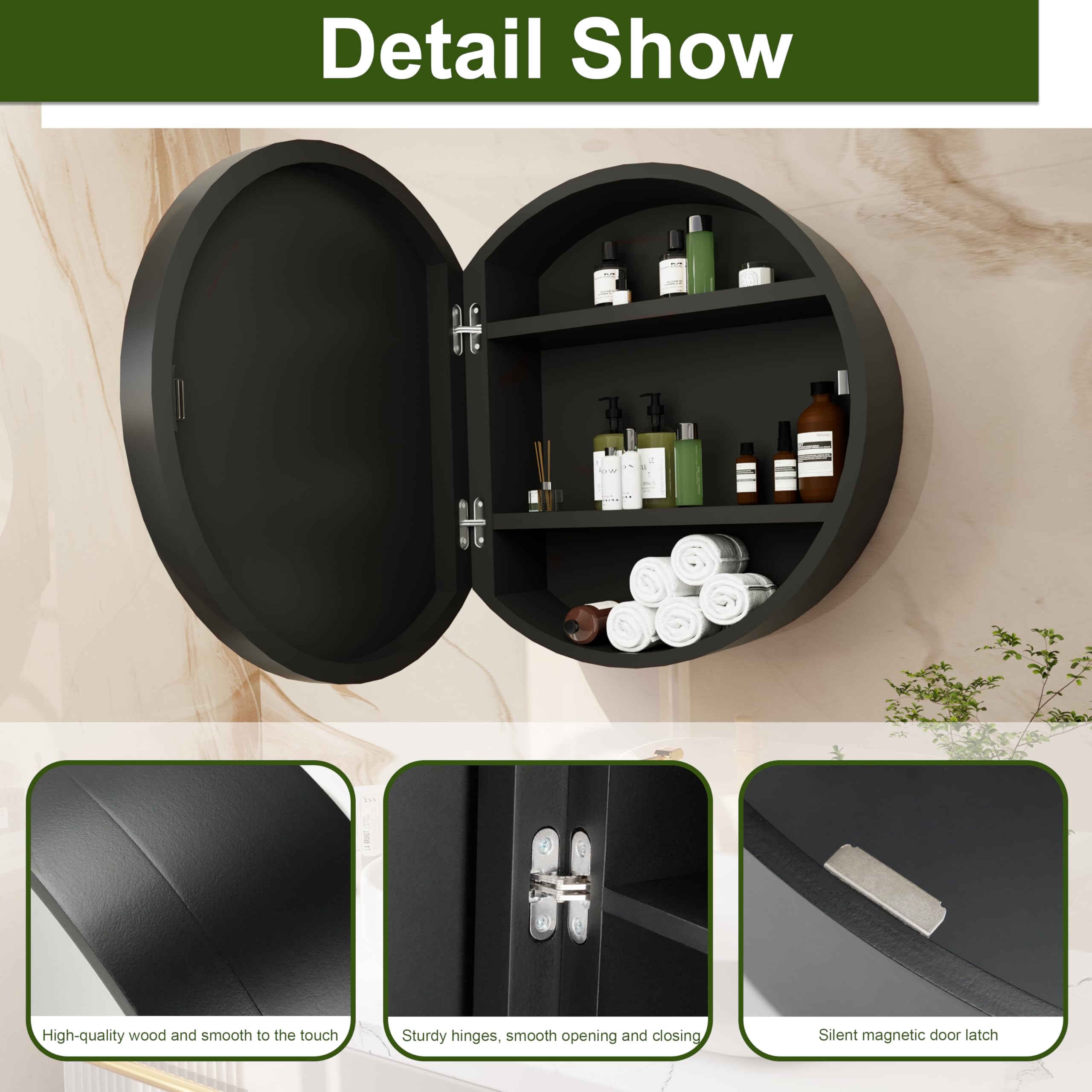 Round Medicine Cabinet Mirror with Shelf - Bathroom Wall Mounted Storage Cabinet with Vanity Mirror, Surface Mount Above Toilet Organizer (Black) - Perfect for Small Bathrooms & Powder Rooms