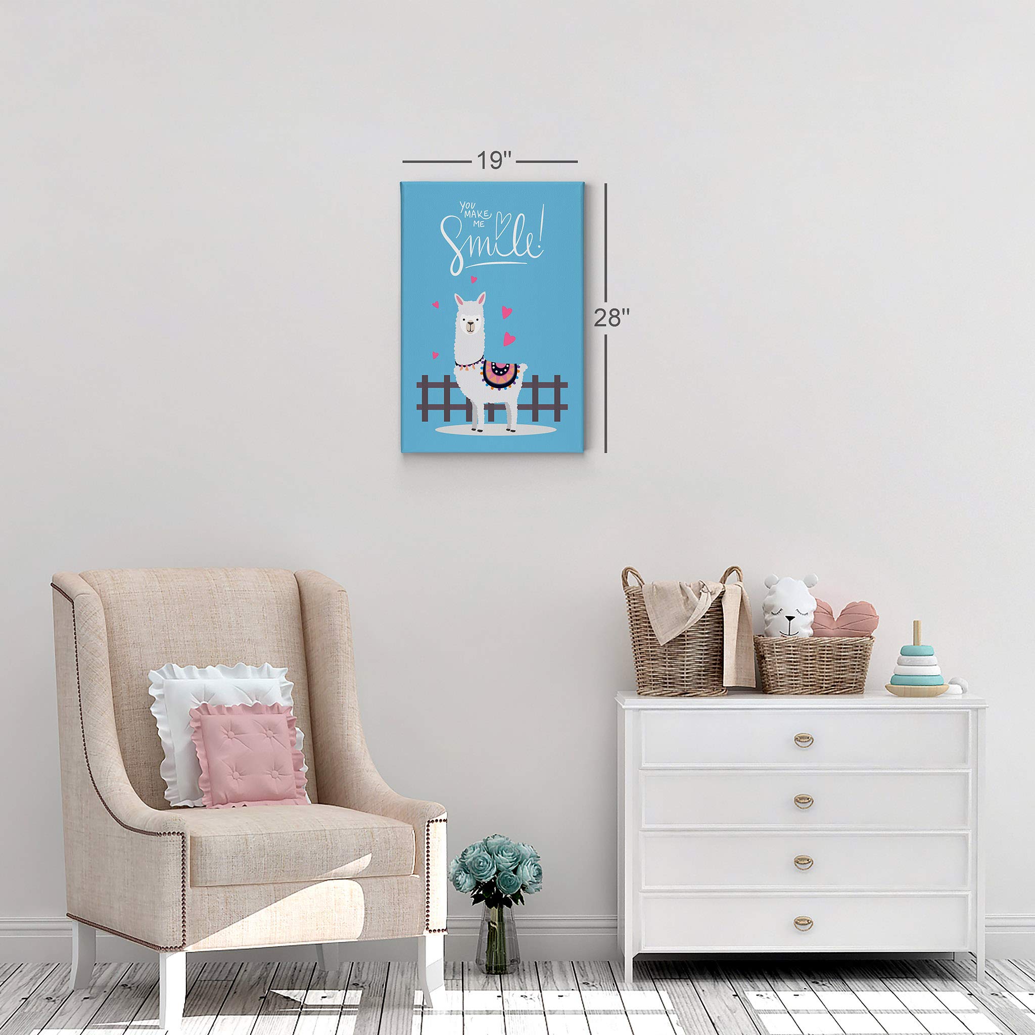Smile Art Design - Cute Alpaca Illustration Canvas Print for Kids Room Decor | Blue Background Wall Art for Nursery & Baby Room | Ready to Hang 28x19 | Made in USA | Perfect for Birthday Gifts & Playroom Decor