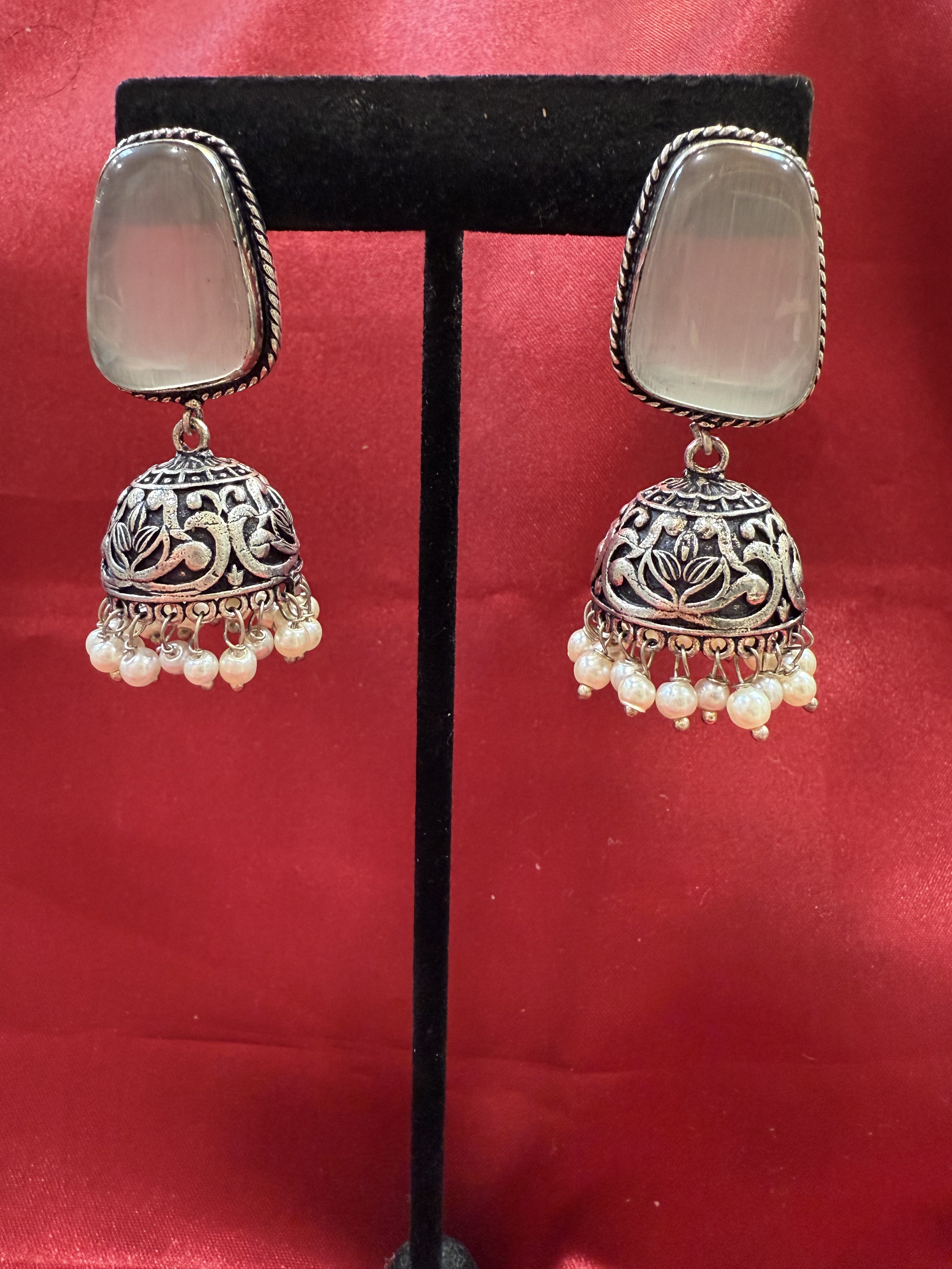 Elegant Oxidized Gray Stone Jhumka Earrings with White Bead Dangles - Perfect for Weddings, Parties & Boho Fashion