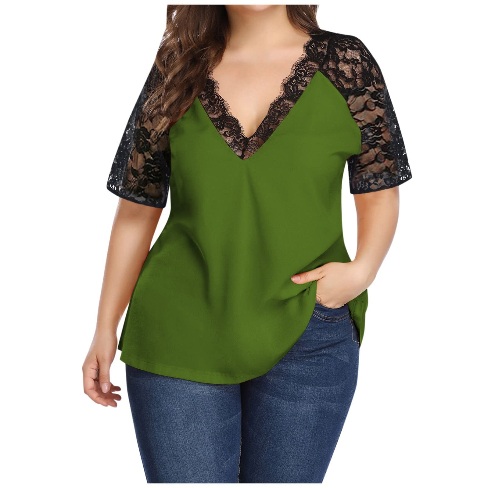 Sexy V-Neck Lace Short Sleeve Blouse for Women - Elegant Plus Size Tops with Eyelash Stitching in White | Perfect for Date Night, Office Wear & Special Occasions