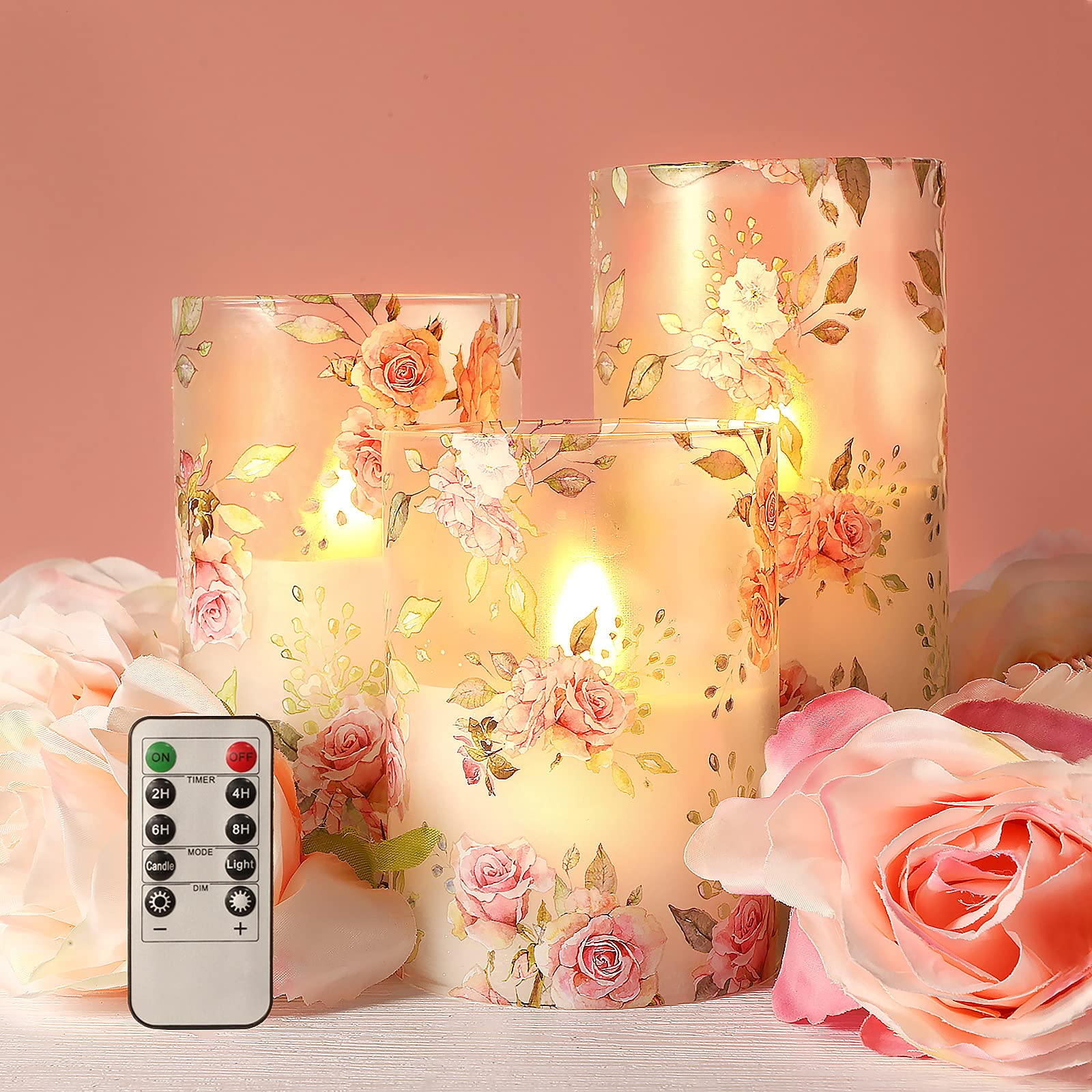 Pink Flameless LED Candles with Remote & Timer - Realistic Flickering Glass Pillar Candles for Valentine's Day, Mother's Day Gifts, Wedding Centerpiece, Romantic Dinner Decor, Home Table Ornaments
