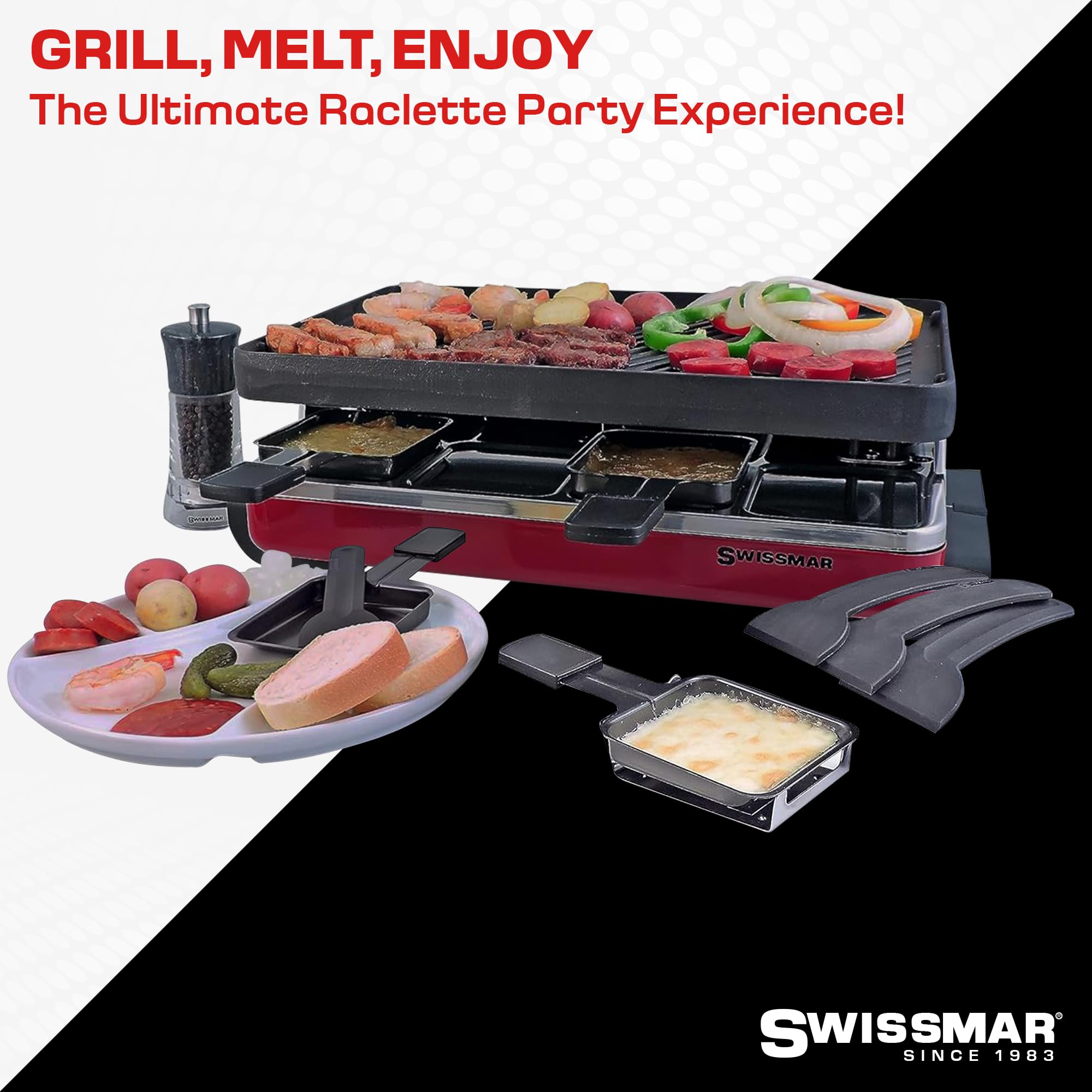 Swissmar Classic 8-Person Electric Raclette Grill with Reversible Cast Iron Grill Plate & Crepe Top - Indoor Party Grill for Family Gatherings & Holiday Entertaining - Red
