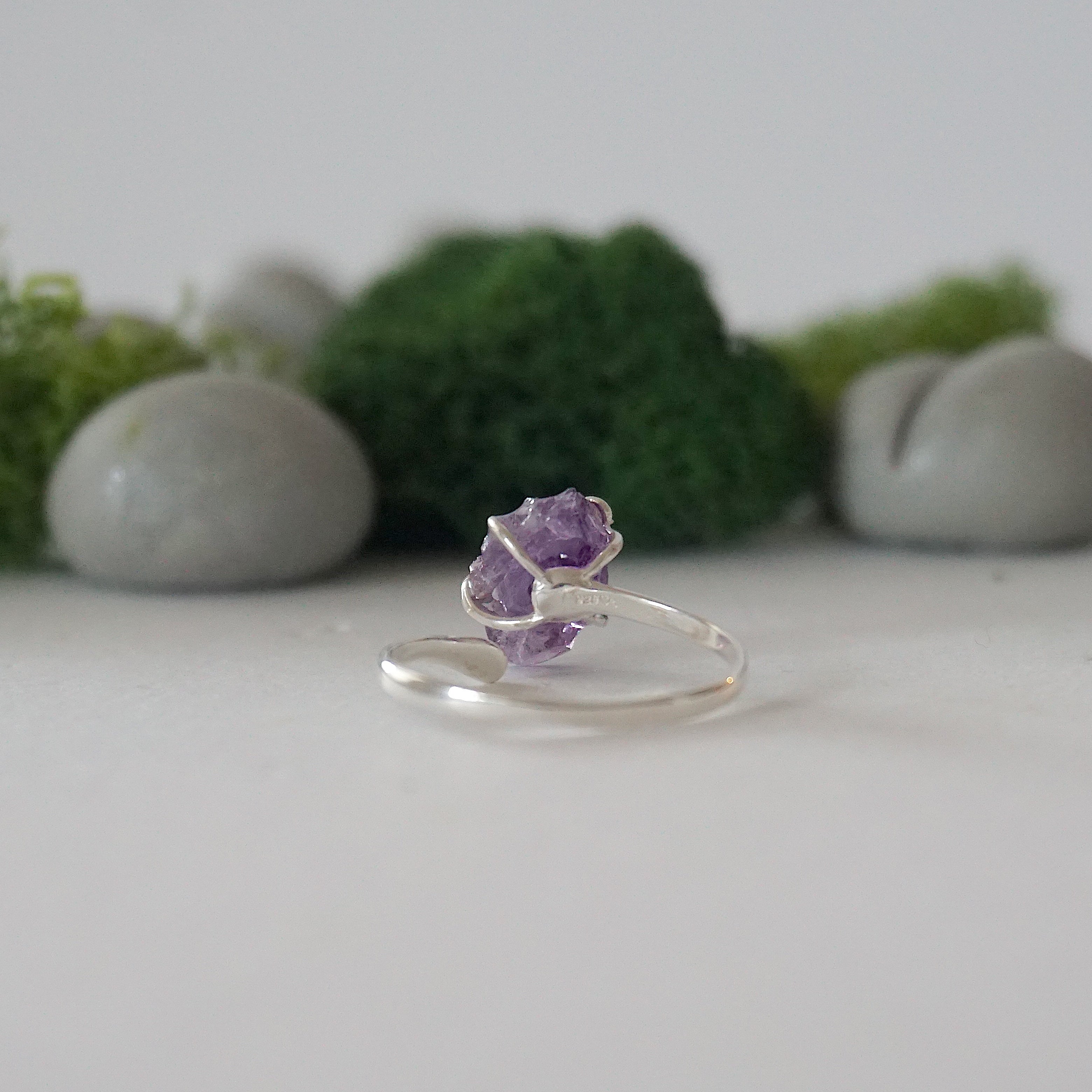 Natural Raw Amethyst Adjustable Ring - 925 Sterling Silver Jewelry for Women - Boho Chic Gift for Her, Meditation & Spiritual Healing Accessory
