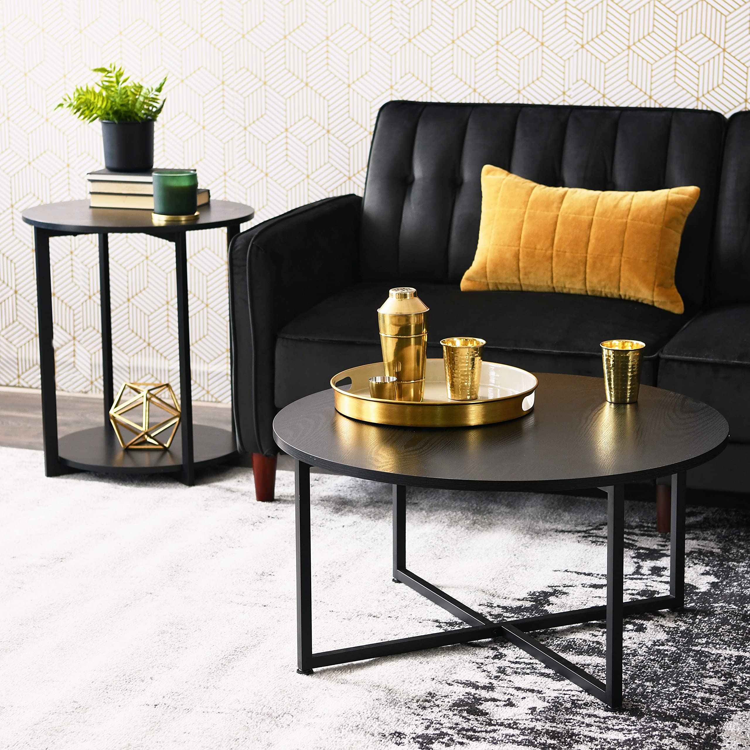 Black Oak Round Coffee Table - Metal & Wood Grain for Living Room