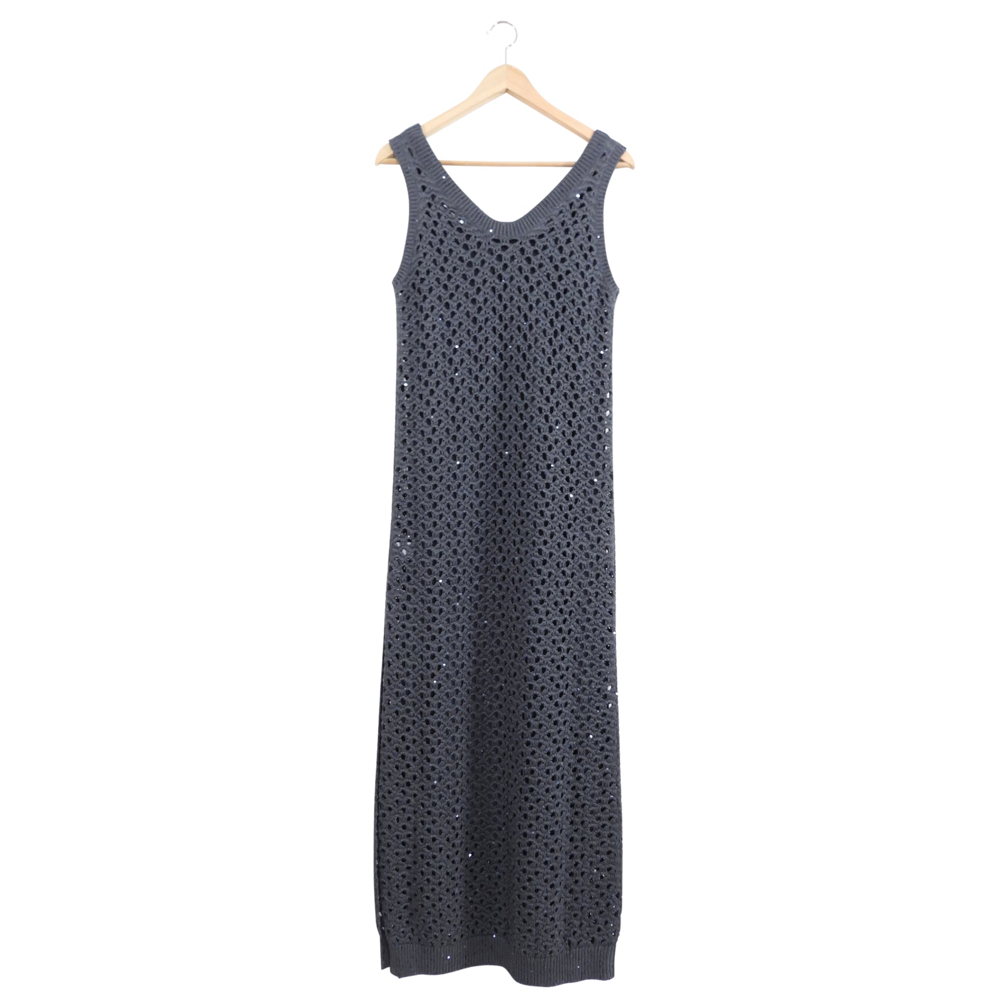 Brunello Cucinelli Grey Sequin Knit Long Sleeve Tank Dress Size S - Elegant Evening Wear for Parties & Special Occasions