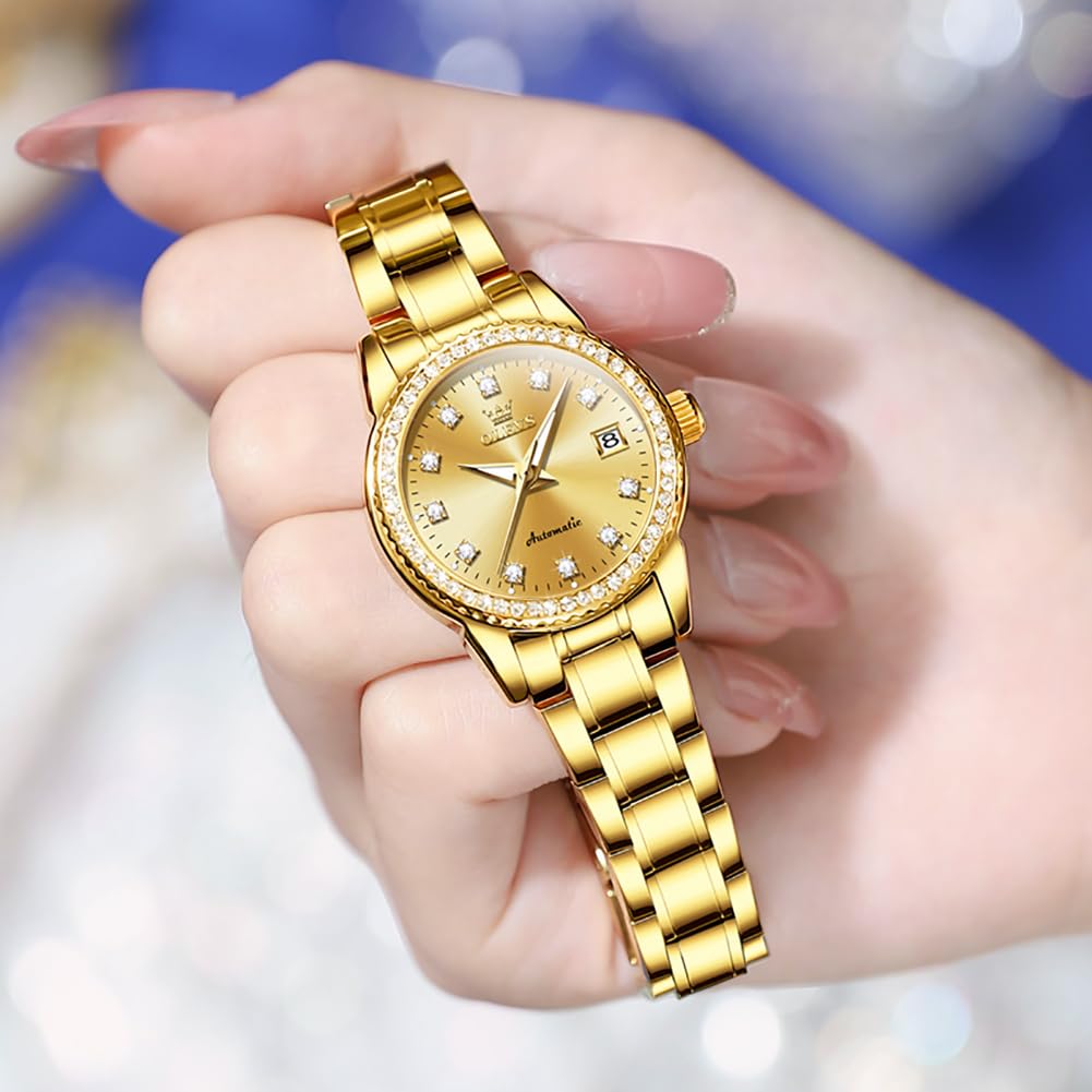 OLEVS Women's Automatic Diamond Watch - Stainless Steel Self-Winding Ladies Dress Wristwatch with Luminous Hands & Waterproof Design | Perfect for Business, Evening Events & Everyday Wear