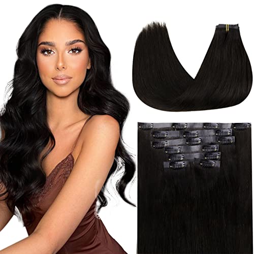 Vivien 16 Inch Clip in Hair Extensions - 100% Remy Human Hair, Natural Black (#1B), 7pcs 120g, Seamless PU Weft for Ultra-Invisible Look - Perfect for Daily Wear, Parties, Weddings & Special Occasions