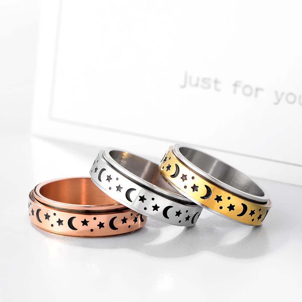 **Anxiety Relief Spinner Rings for Women & Men - 18K Gold Plated 6mm Fidget Ring with Moon & Star Design - Titanium Steel Stress Relief Jewelry (Size 6-11) - Perfect for ADHD, Anxiety & Focus Aid**