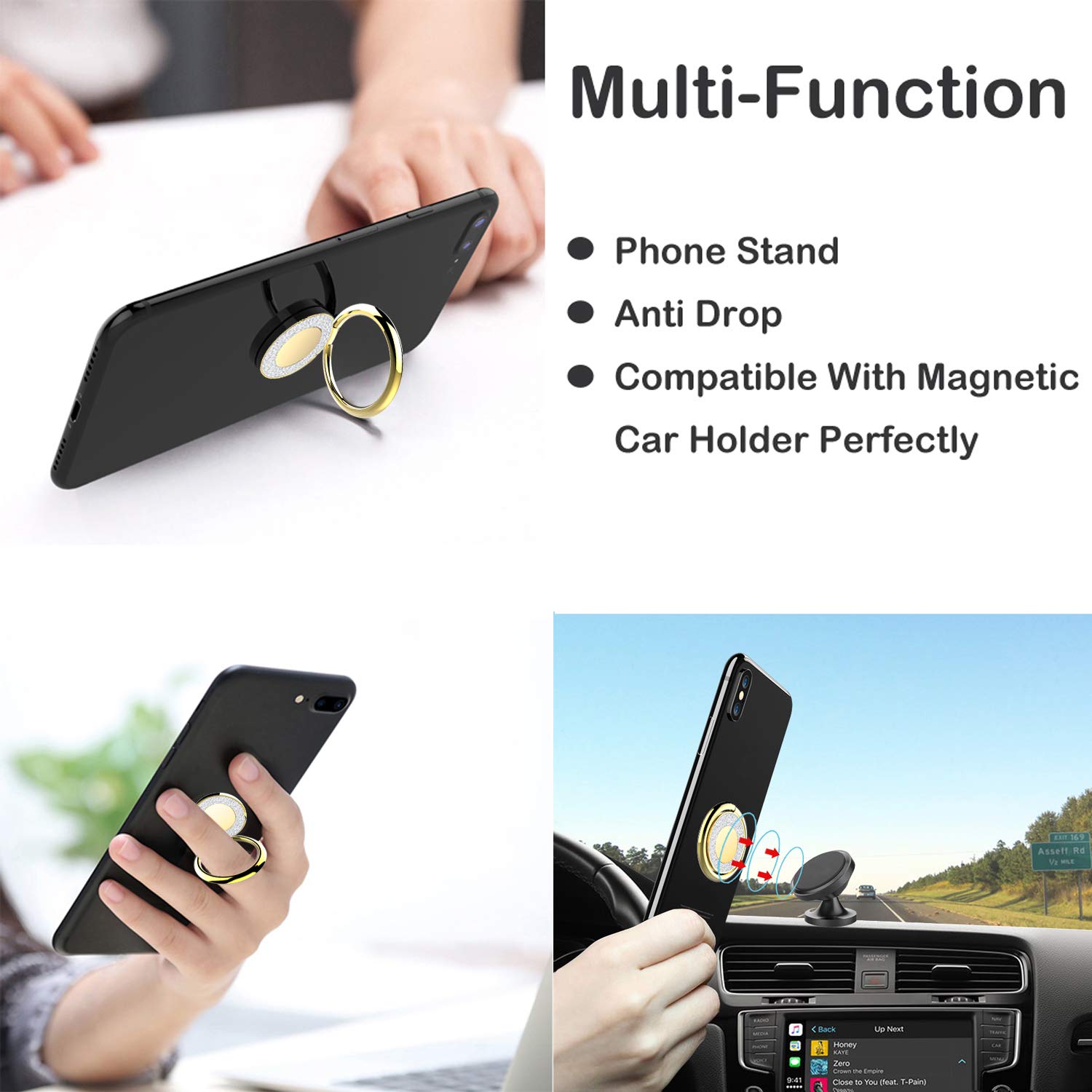 Cell Phone Ring Holder Stand with Adhesive Grip - Glitter Gold Phone Grip for iPhone, Samsung & Most Smartphones | Perfect for Hands-Free Viewing, Selfies & Secure Grip