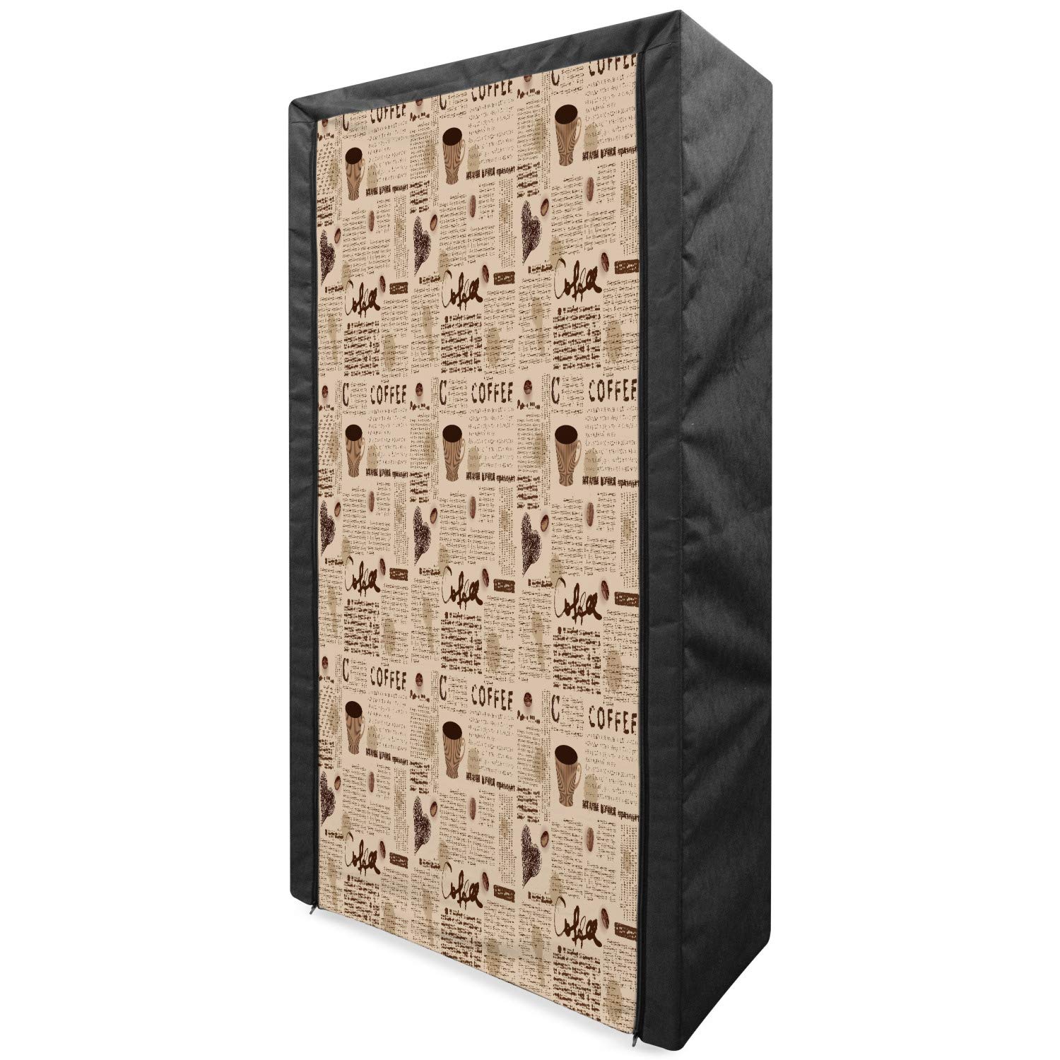 Ambesonne Modern Portable Fabric Wardrobe - Vintage Newspaper Print with Coffee Cups & Writing Art | 33.5 Inch Closet Organizer with Shelves | Sand Brown & Umber | Perfect for Small Spaces, Dorm Rooms & Bedroom Storage