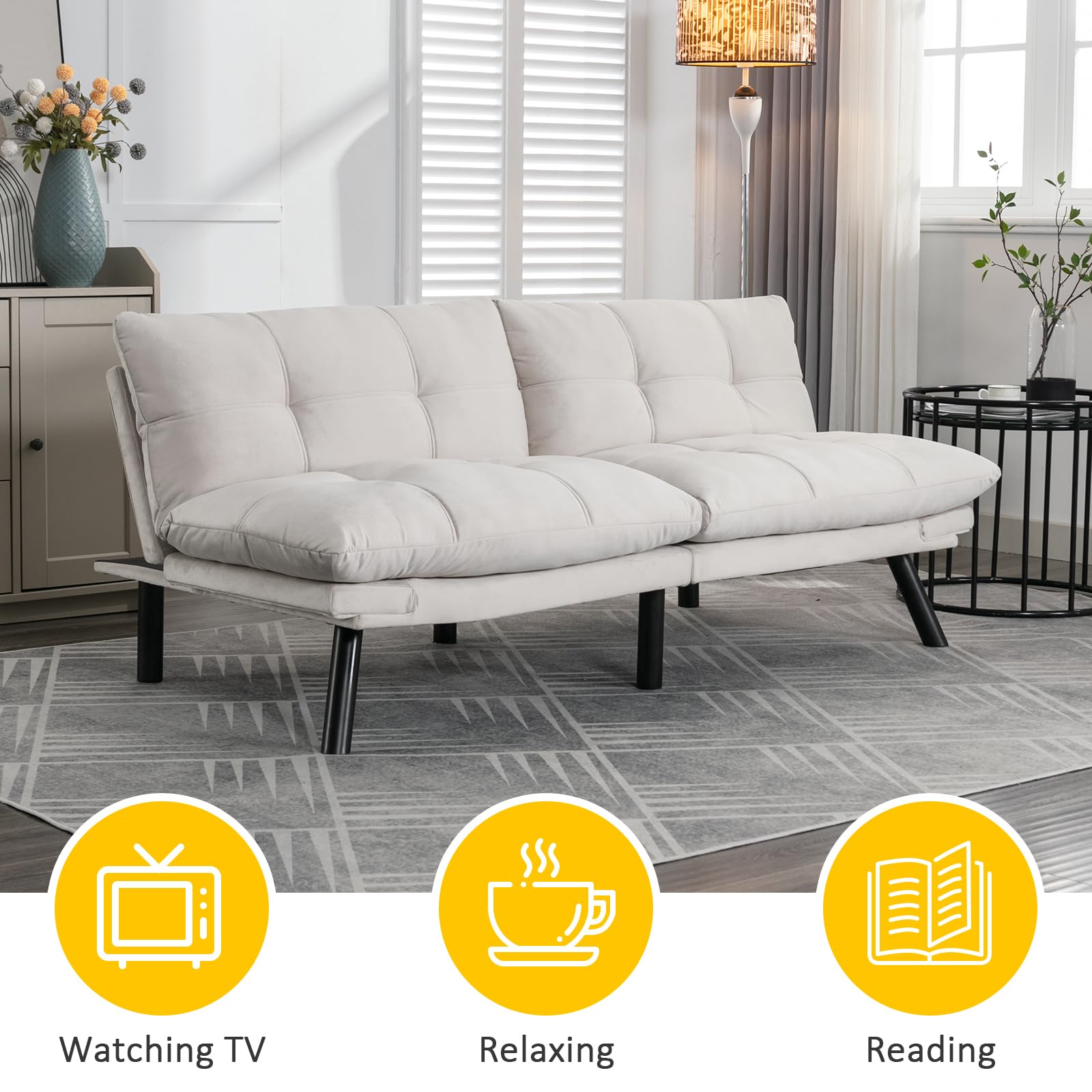Adjustable Foldable Modern Leisure Memory Foam Futon Sofa Bed - Convertible Folding Reversible Bench Bed Chaise Lounge with Metal Legs - Cream Color for Living Room, Bedroom & Small Spaces - Perfect for Guests, Napping & Relaxation