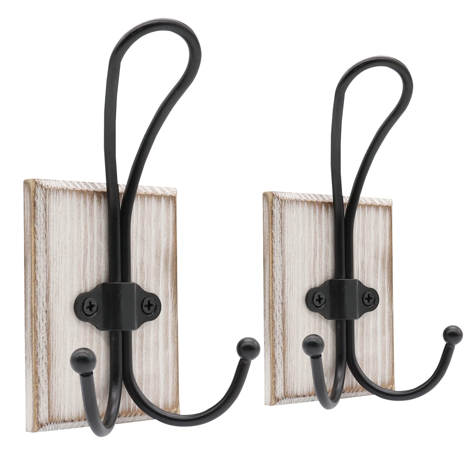 Heavy Duty Wall Hooks 2 Pack - Farmhouse Double Towel Hooks for Bathroom, Rustic Wood Coat Hooks for Keys, Robes & Hats - Kitchen & Entryway Wall Mounted Decor (Weathered White) | Perfect for Farmhouse, Rustic & Vintage Home Decor