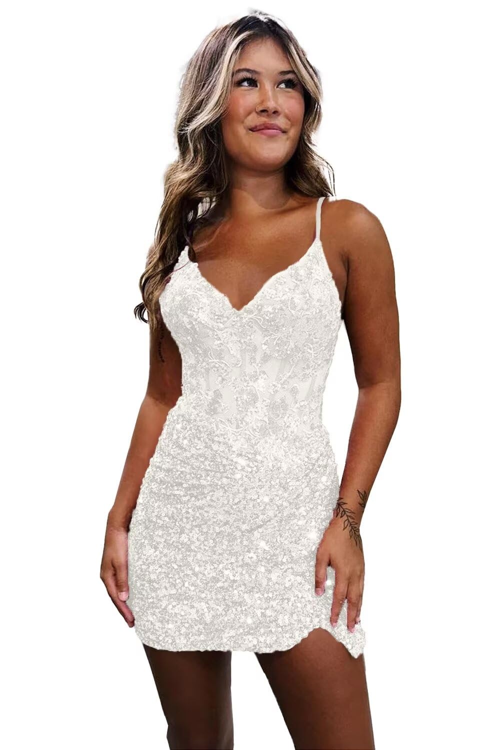 Sparkly Sequin Short Homecoming Dress for Teens - V Neck Corset Prom Gown with Glitter Lace Applique | Formal Cocktail Party Dress for Dances, Quinceañera, Pageants & Special Occasions