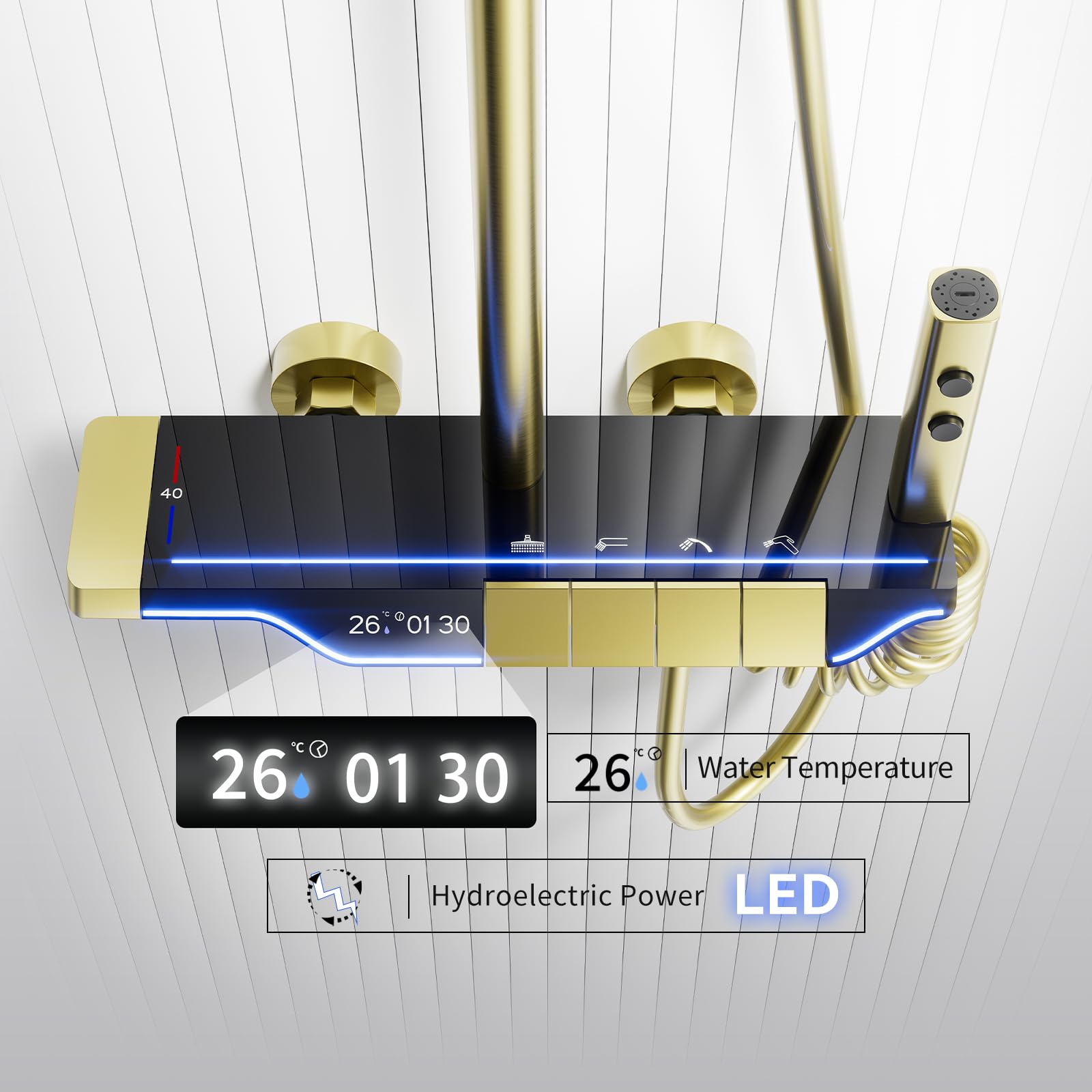 Brushed Gold Thermostatic Shower System Set - Adjustable Rainfall Shower Column with 310mm Shower Head, 3-Function Hand Shower & Bidet | Perfect for Modern Bathrooms, Spa-Like Experience, Water Saving