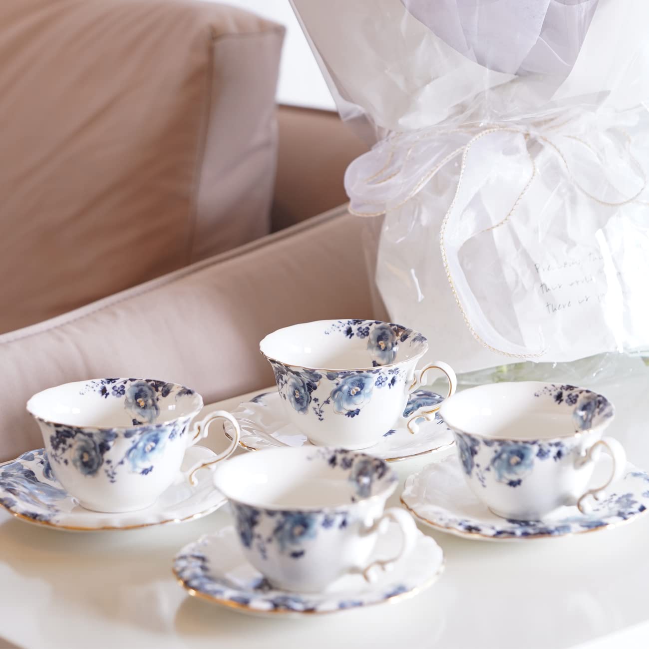 Premium Jomop Ceramic Tea & Coffee Cups with Saucers Set of 4 - Blue & White Porcelain for Afternoon Tea, Office Use & Gift Giving