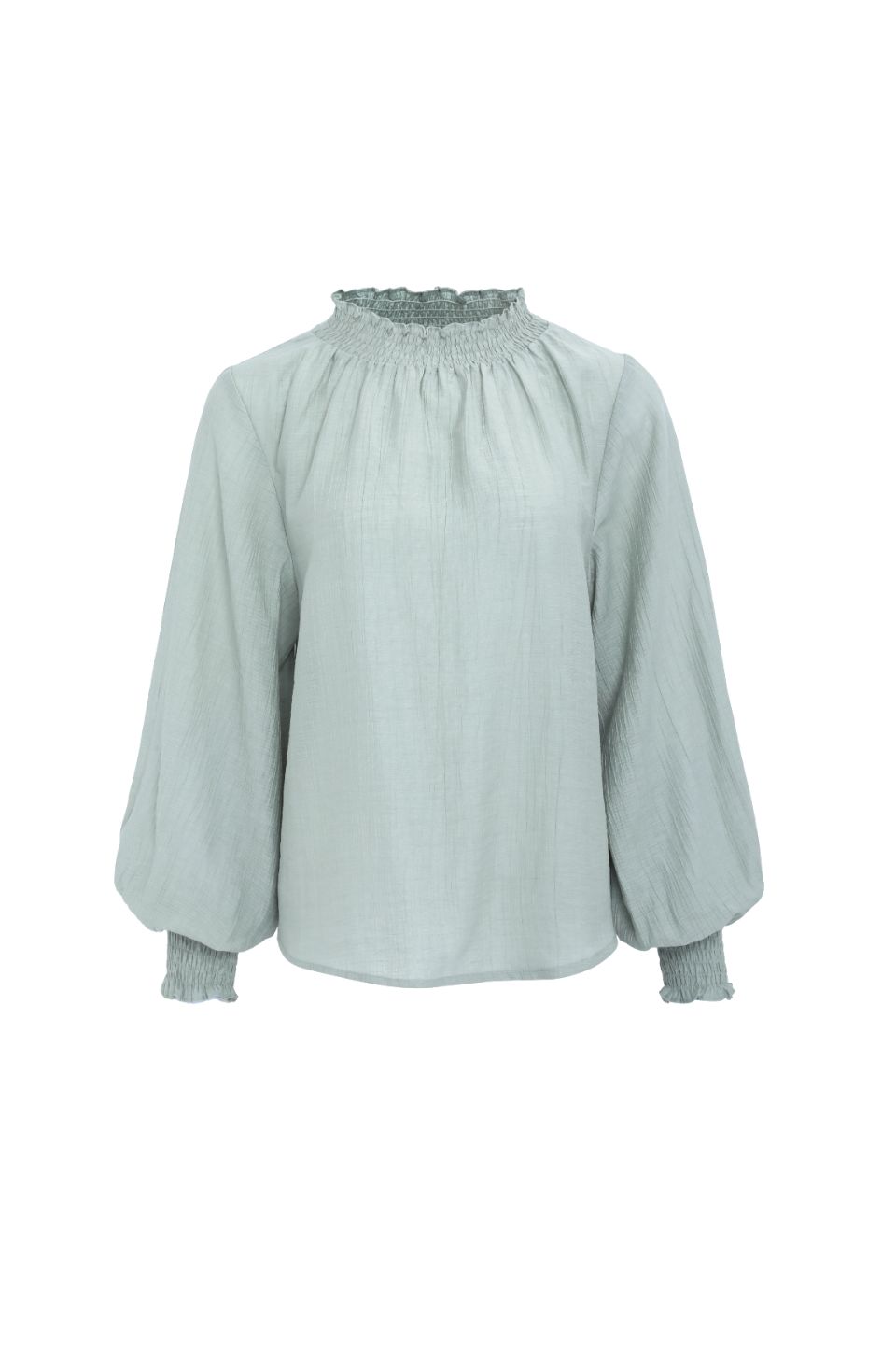 Embrace Sage Crinkle Long Sleeve High Neck Blouse with Shirred Detail & Puff Sleeves - Elegant Women's Tops for Work, Date Night & Special Occasions