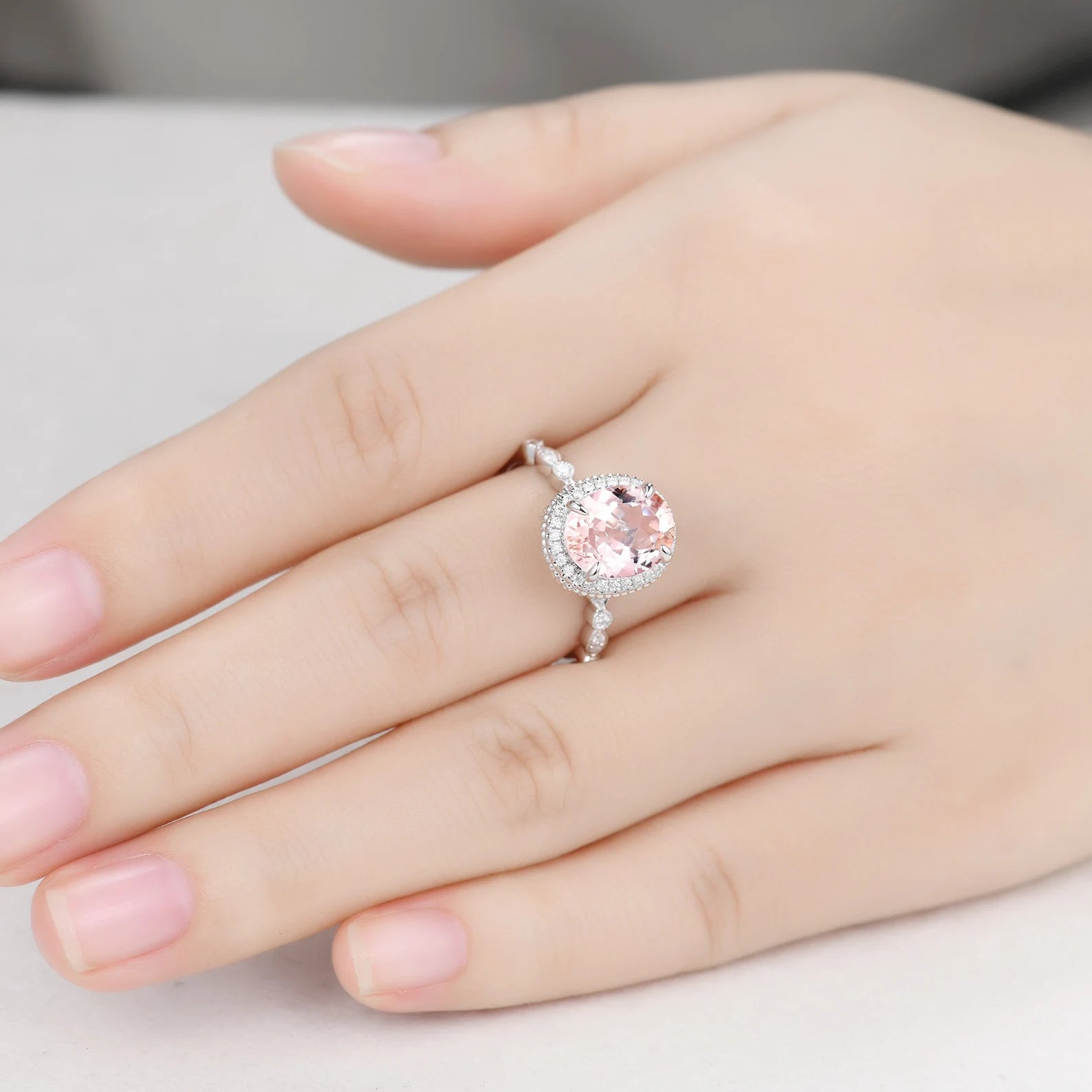 Vintage Peach Morganite Engagement Ring with Hidden Halo - 8x10mm Oval Cut Rose Gold Art Deco Style Ring for Wedding, Proposal & Anniversary Gifts
