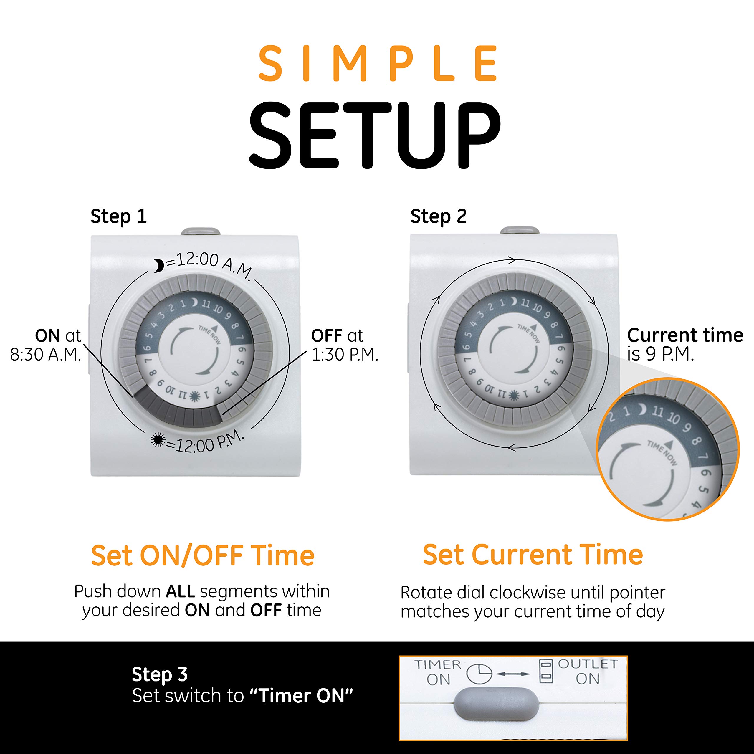 GE 15076 24-Hour Mechanical Outlet Timer - Heavy Duty Plug-in Timer for Lights, Appliances & Holiday Decorations - Perfect for Indoor & Outdoor Use